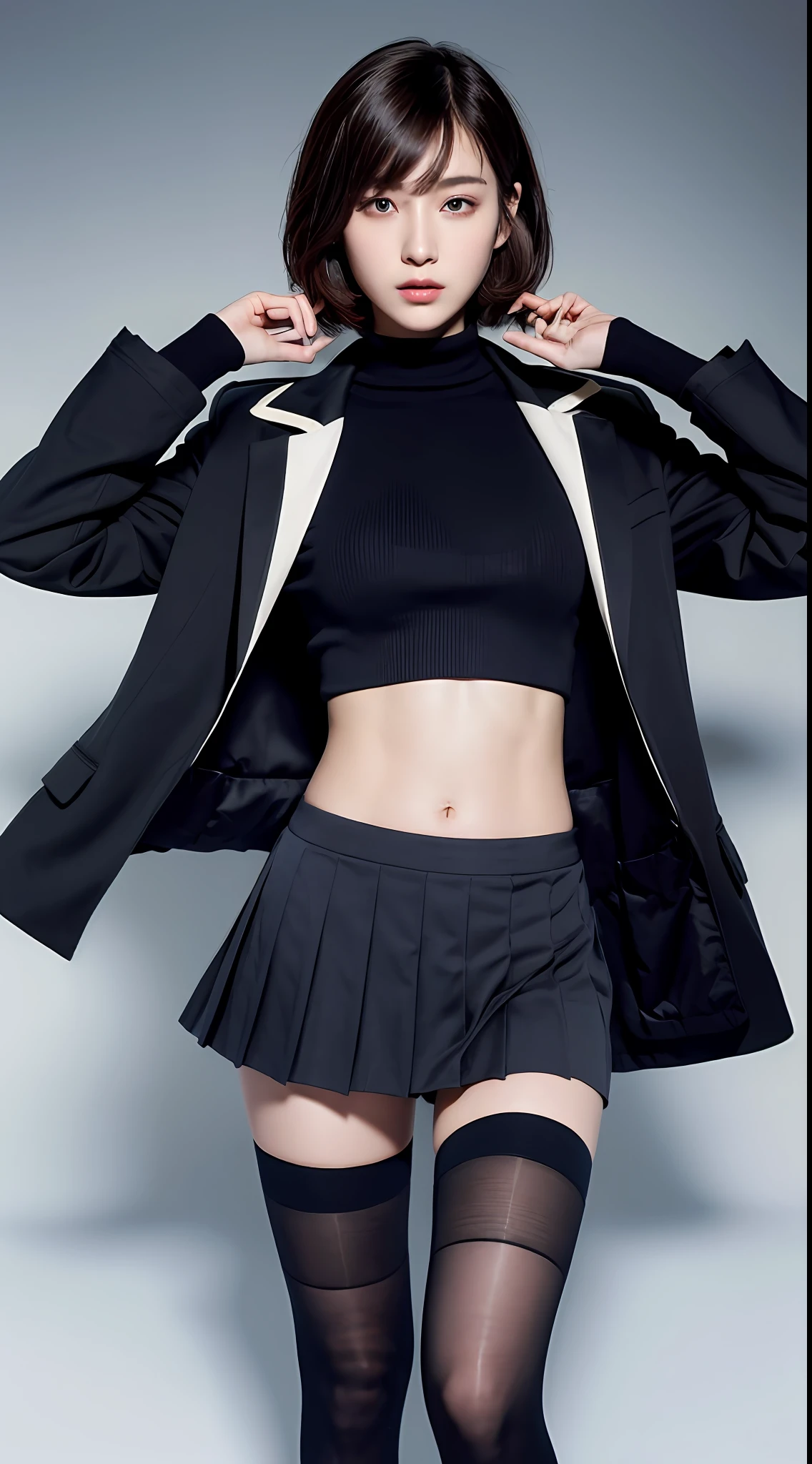 ((Top Quality, 8k, Masterpiece: 1.3)), 1 girl, Beauty with slender abs: 1.3, (Medium Short Hair, Big: 1.2), Jacket: 1.1, Ultra Detailed Face, Detailed Eyes, Double Eyelids, Uniform, Pleated Skirt, Black Knee High Socks, Navel