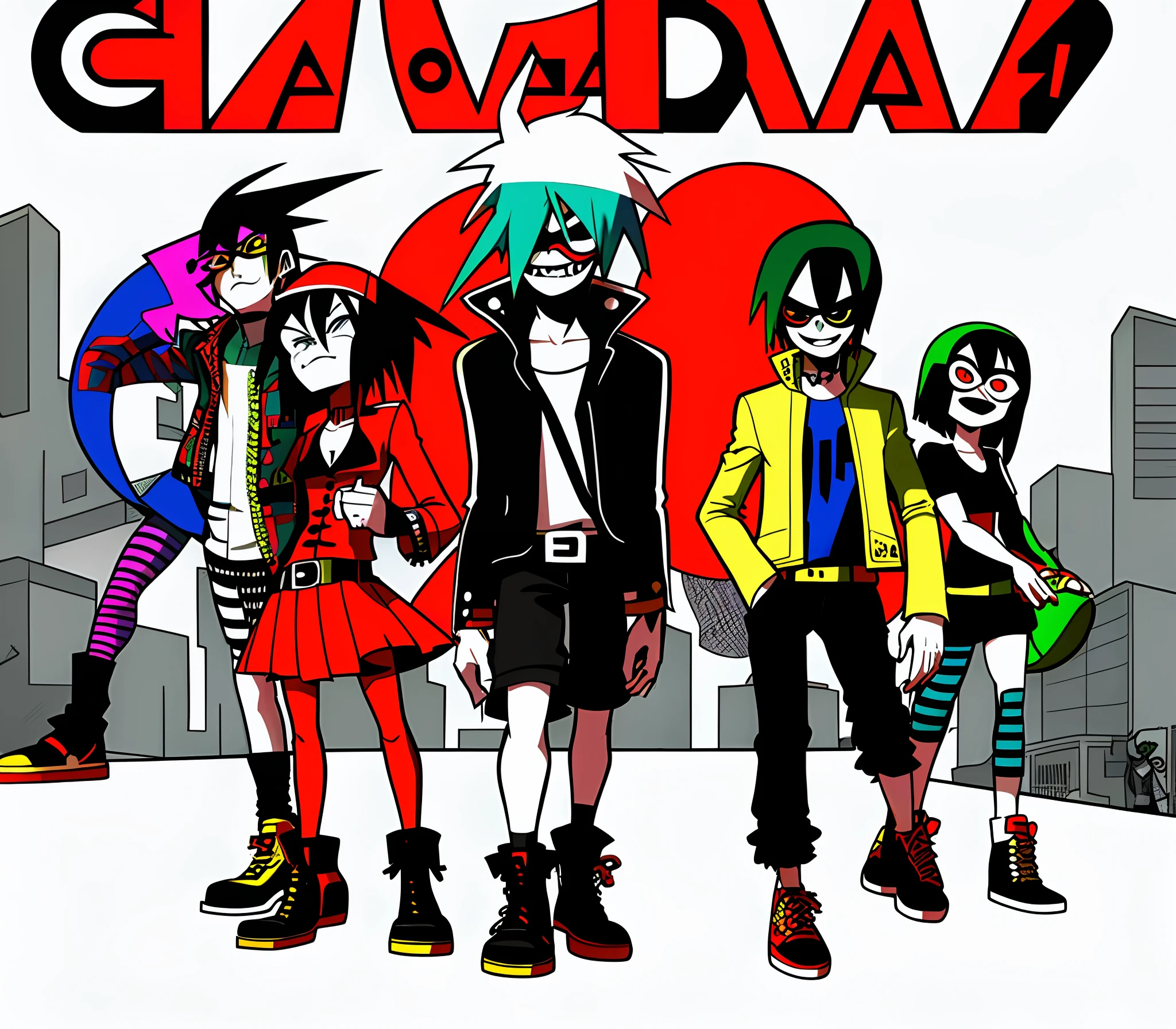 5 gothic characters 2 women 3 men with colorful hair and different sunglasses standing, gorillaz art, gorillaz, gorillaz 2 d, gorillaz style, gorillaz phase 1, gorillaz album cover, gorillaz and daft punk records, murdoc niccals, anime 2 d, by Jamie Hewlett, jamie hewlett art, 2d anime style, inspired by Jamie Hewlett