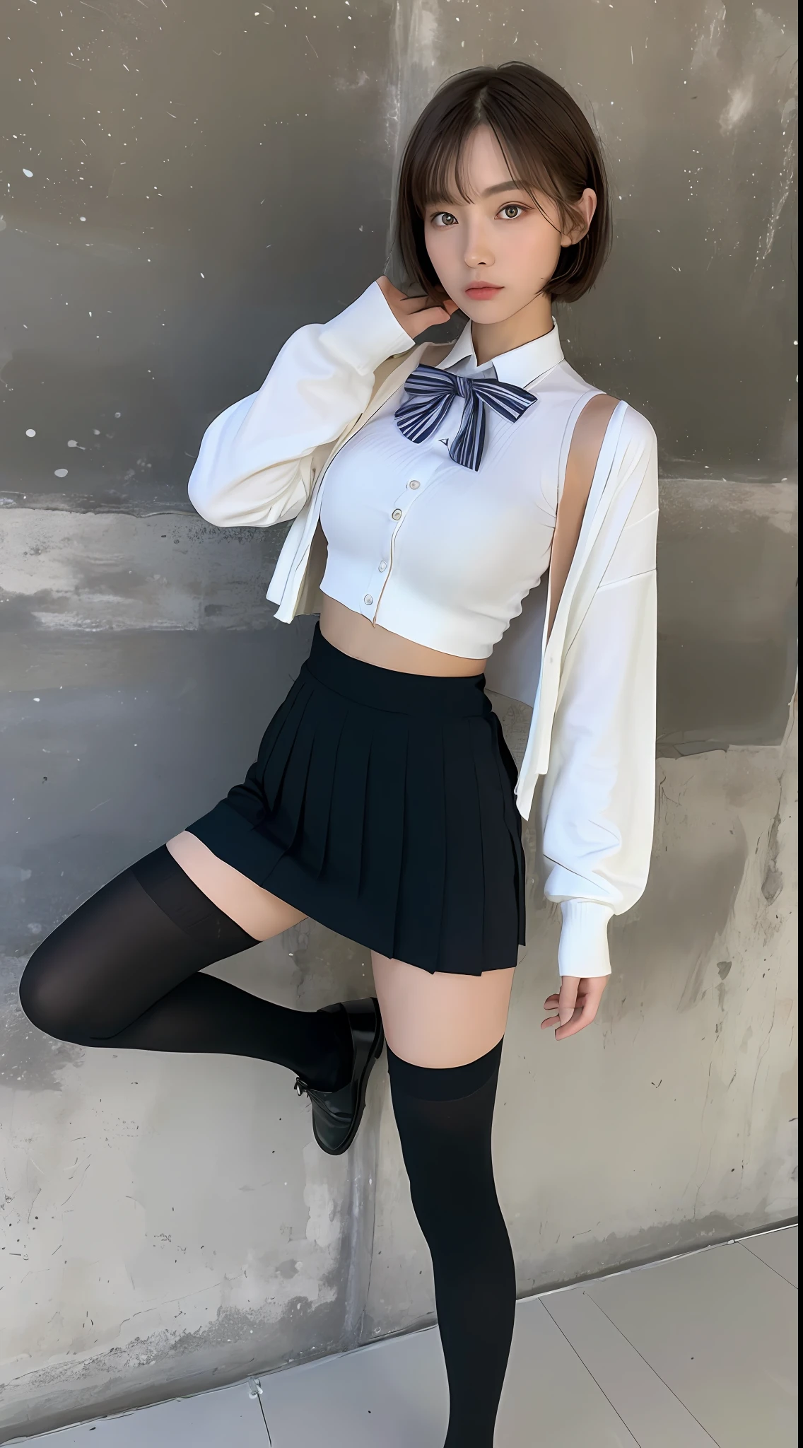 ((Top Quality, 8k, Masterpiece: 1.3)), 1 girl, Beauty with slender abs: 1.3, (Medium Short Hair, Big: 1.2), Cardigan: 1.1, Ultra Detailed Face, Detailed Eyes, Double Eyelids, Uniform, Pleated Skirt, Black Knee High Socks, Black Shoes, Navel