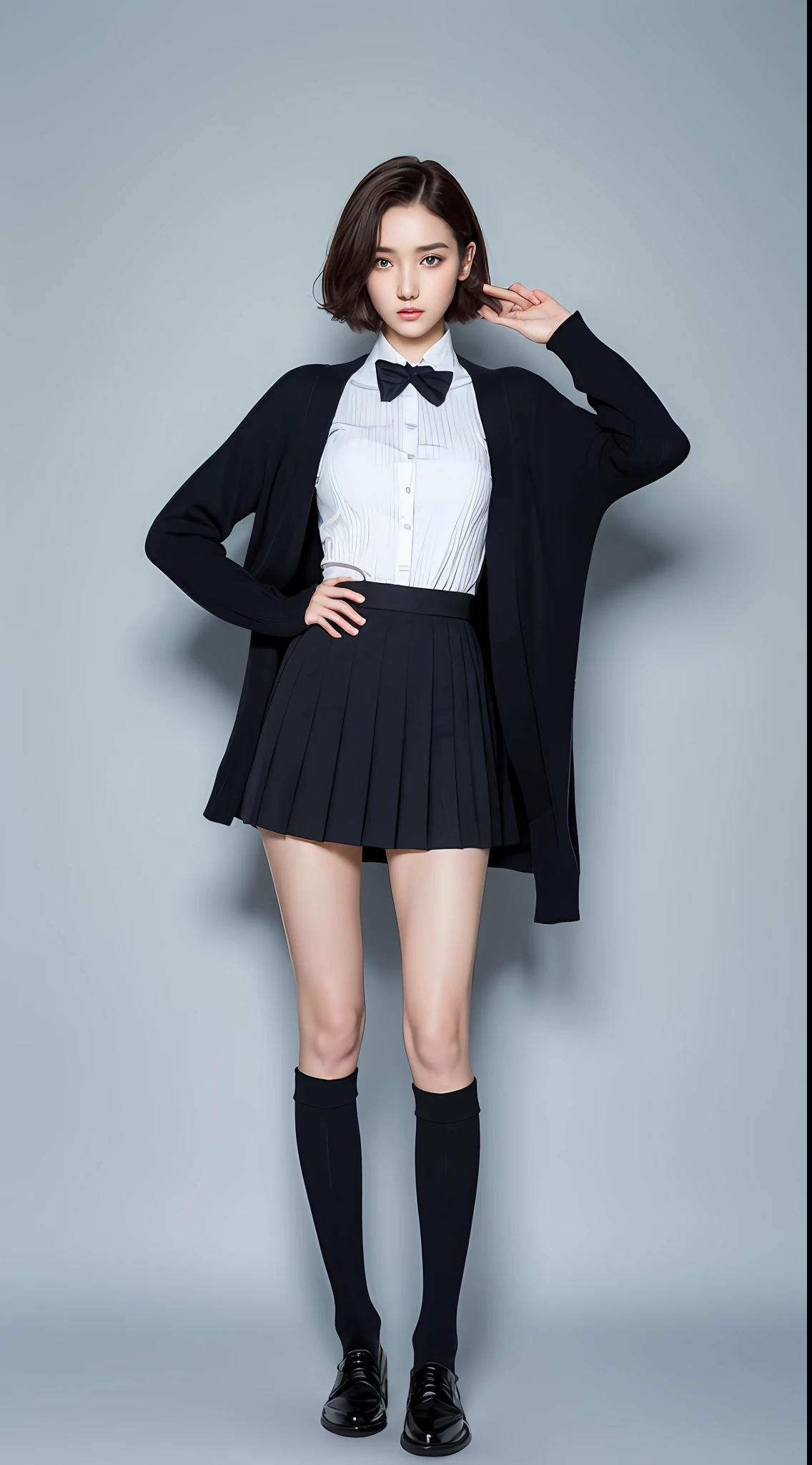 ((Top Quality, 8k, Masterpiece: 1.3)), 1 girl, Beauties with slender abs: 1.3, (Medium Short Hair, Colossal: 1.2), Cardigan: 1.1, Ultra Detailed Face, Detailed Eyes, Double Eyelids, Uniform, Pleated Skirt, Black Knee High Socks, Black Shoes,