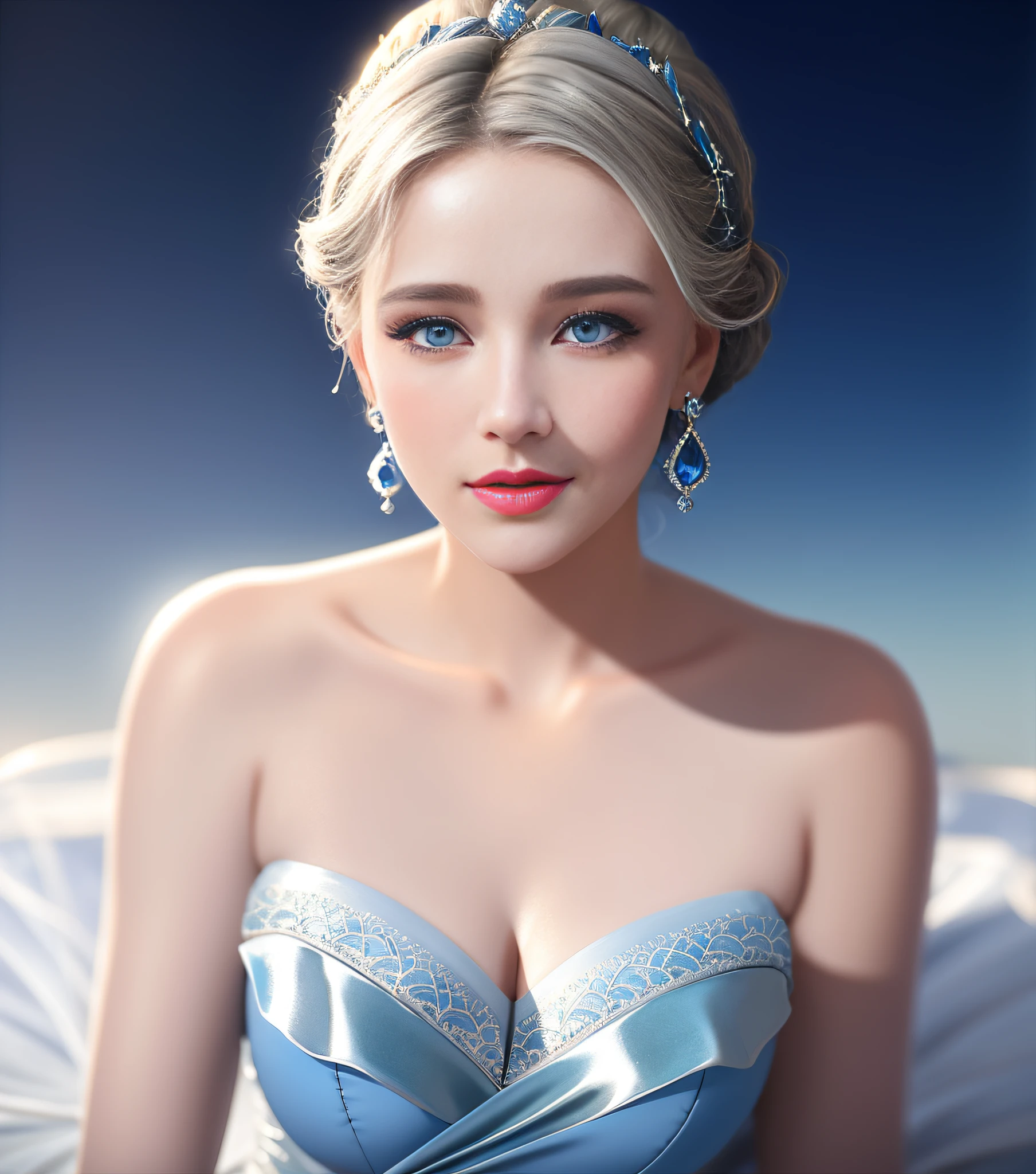 Young blonde woman with tears on her cheek wearing a gala dress and a blue sky in the background of the image, intricate, Chiaroscuro, sfumato, dramatic lighting, three-dimensional, clear-dark contrast, oil painting, subtle colors to create textures on the face, vibrant and warm colors to highlight details of the rosy cheek and red lips, bluish or grayish shadows in shaded areas, shades of blue and gray to create the tears, and white to represent the highest points of brightness and reflection of the tears, Caravaggio. studio portrait, soft light, rim lighting, twinkle in the eyes, bokeh background, painterly, Razumov Konstantin, Vladimir Volegov