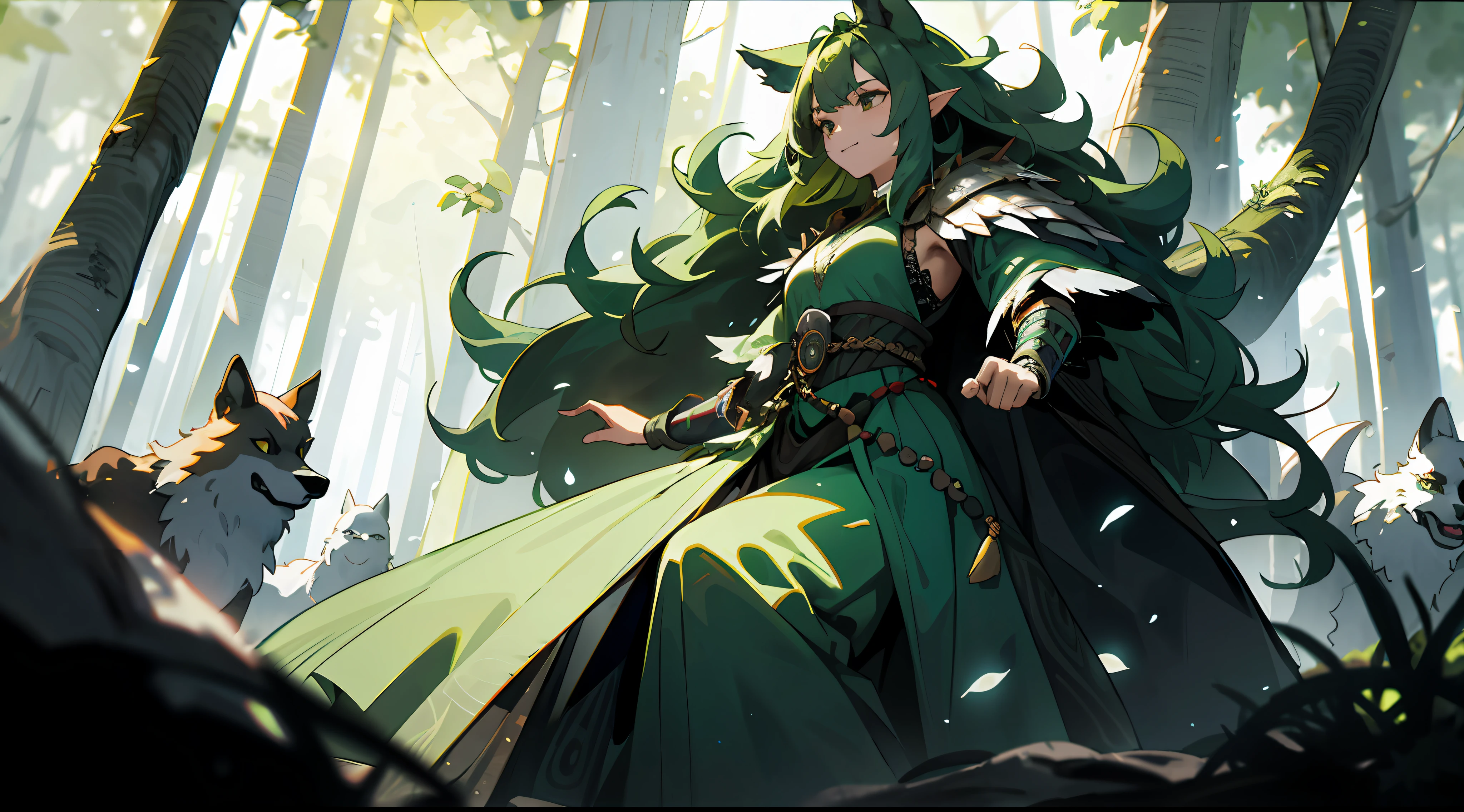 a woman shaman, leaves wildly hair, green armor dress, surrounded by wolves, in a forest, faeries and magic elements