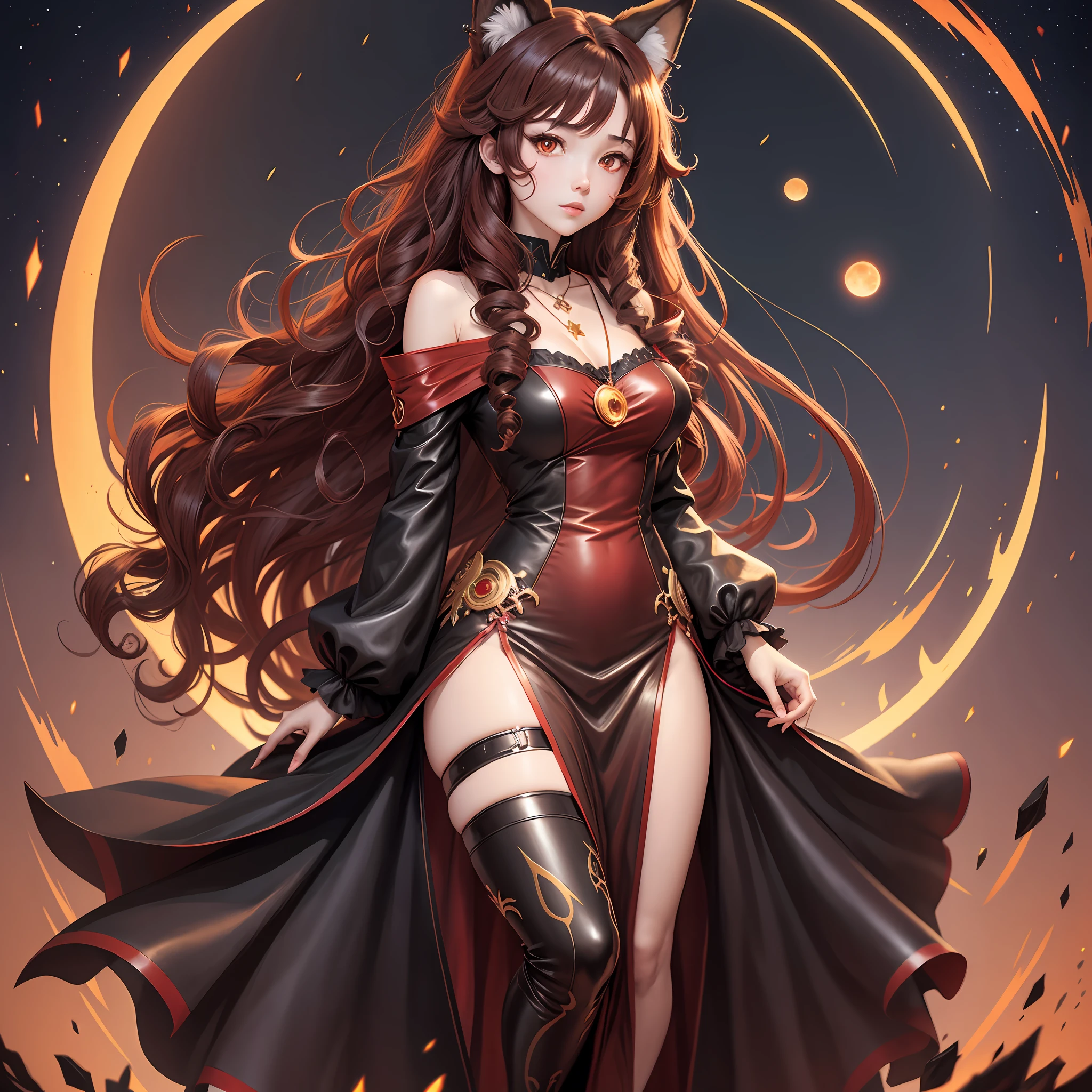anime woman red eyes, long curly brown hair, short black and red dress, golden star necklace, brown wolf ears, 9 brown wolf tails, full body, red moon background