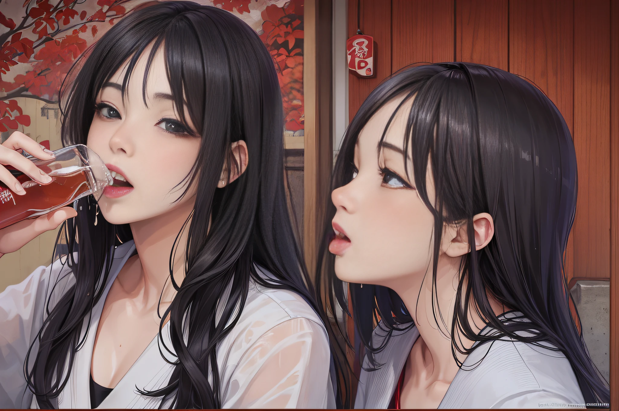 There is a woman drinking from a bottle, with her wife's mouth wide open, in Japan, wet mouth, agape of the mouth,