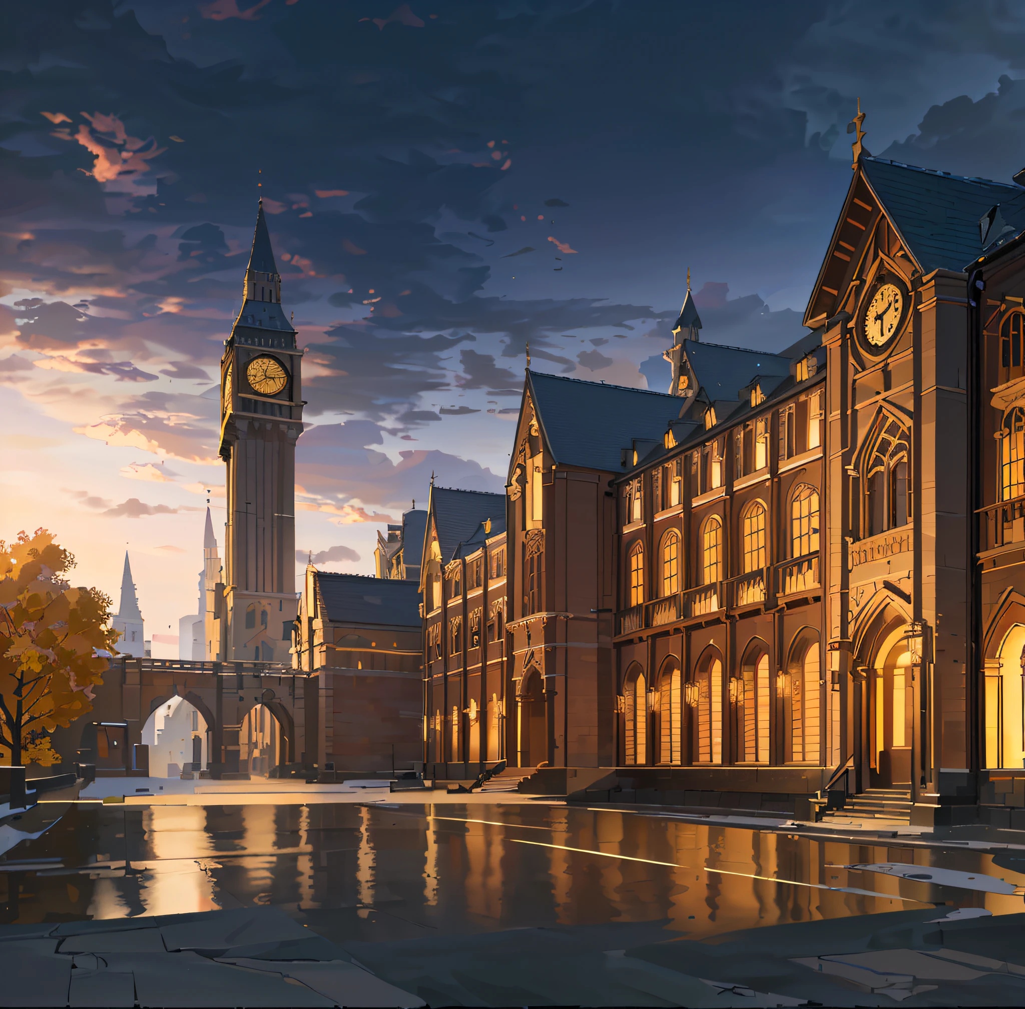 Overall view, cobblestone, an image of a old building with a clock tower in the middle, in the style of speedpainting, elegant cityscapes, manga-inspired, light bronze and dark amber, northwest school, majestic ports, volumetric lighting, (illustration: 1.0), window detail correction and enhancement, magnificent composition, detail enhancement, detail enhancement. Realistic lighting, HD detail, masterpiece, highest quality, (highly detailed CG Unity 8k wallpaper), (highest quality)