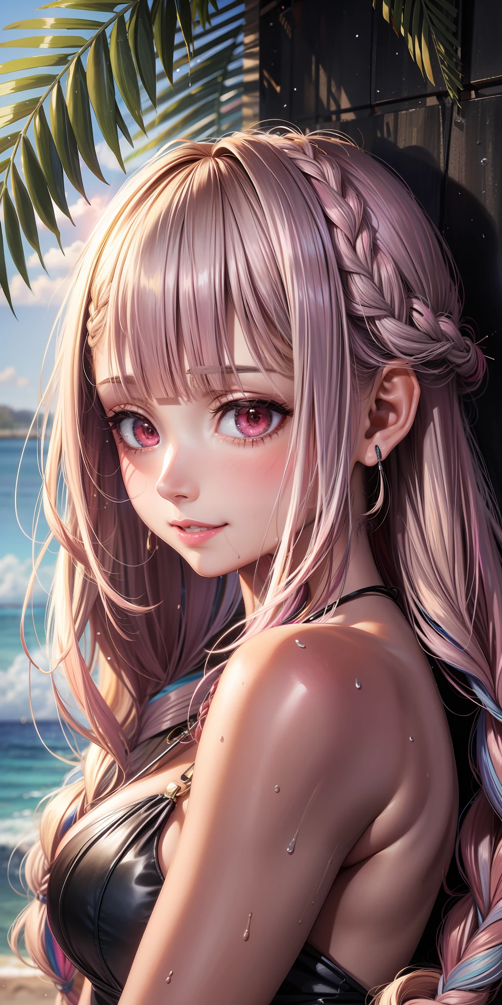 (((anime))), ((animated)), (GAL:1.3), medium hair, (braid hair:1.3), (blunt bangs:1.2),two-tone hair, blonde hair, (pink hair), round face, red eyes, (drooping eyes), (((tareme))),Pink Lip,piercing,necklace,[black skin],(wet skin),(smile),blush, ((((cute)))), beautiful, 1 girl, solo,revealing cleavage,beautiful background,(beach:1.5),((morning)),sunlight,backlighting,masterpiece,best quality,exquisite,8k,absurdres,super fine illustration,(looking at viewer),