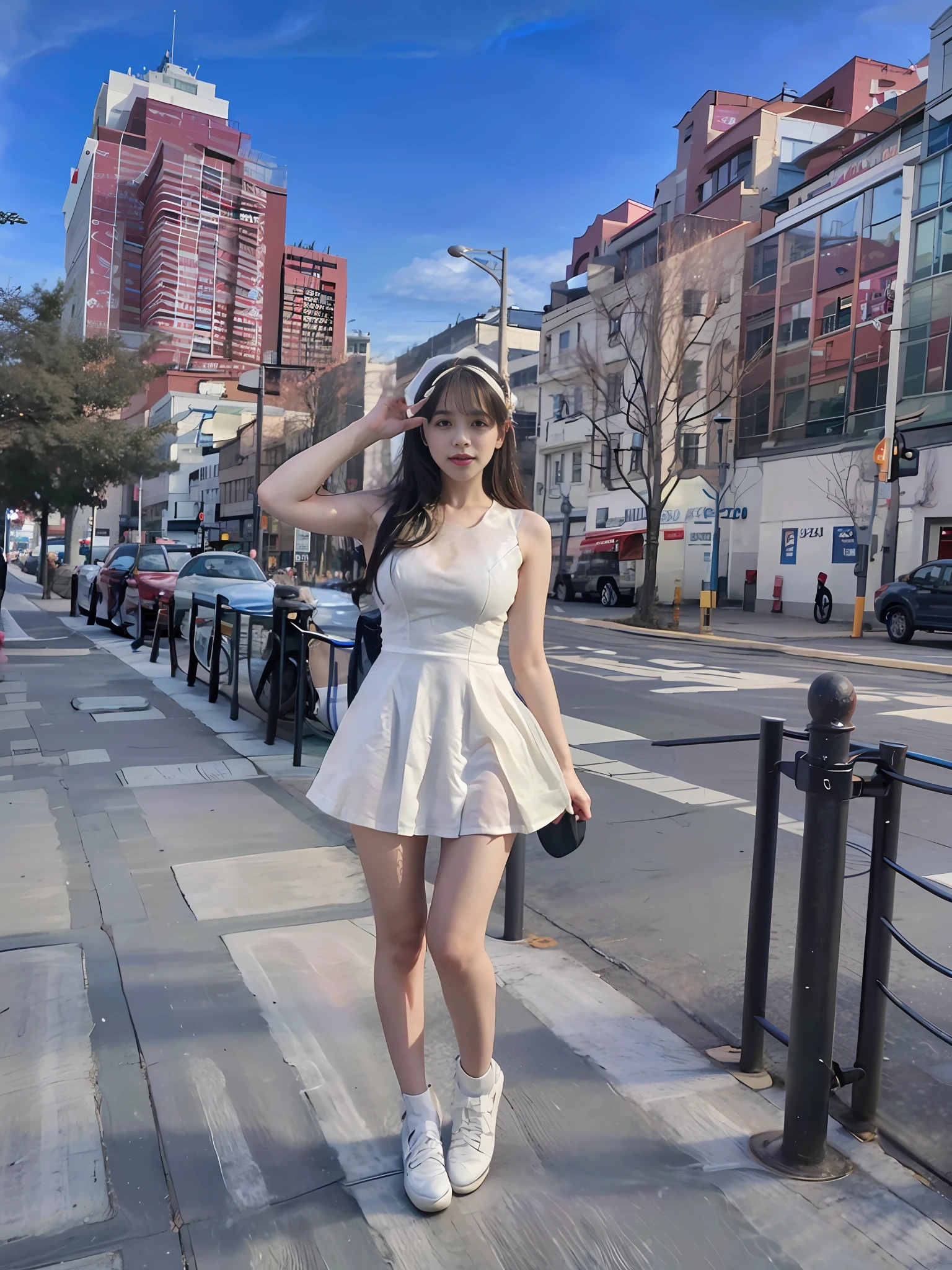 araffe woman in a white dress posing on a sidewalk, in city street, wearing a cute white dress, wearing a wet white short dress, wearing white dress, standing in a city center, in city street at night, taken in 2 0 2 0, f / 1. 9 6. 8 1 mm iso 4 0, full body cute young lady