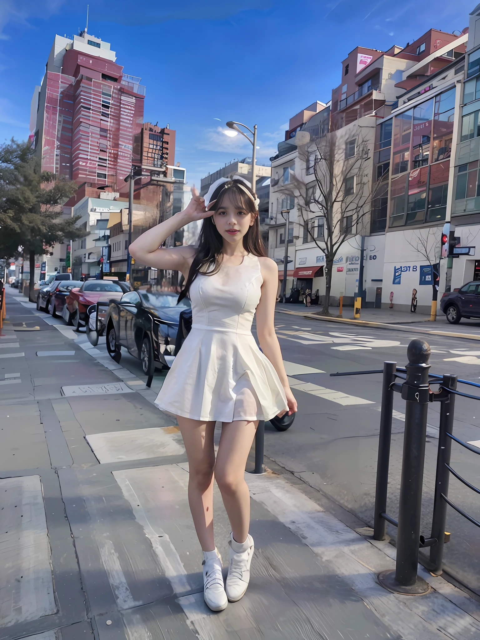 araffe woman in a white dress posing on a sidewalk, in city street, wearing a cute white dress, wearing a wet white short dress, wearing white dress, standing in a city center, in city street at night, taken in 2 0 2 0, f / 1. 9 6. 8 1 mm iso 4 0, full body cute young lady