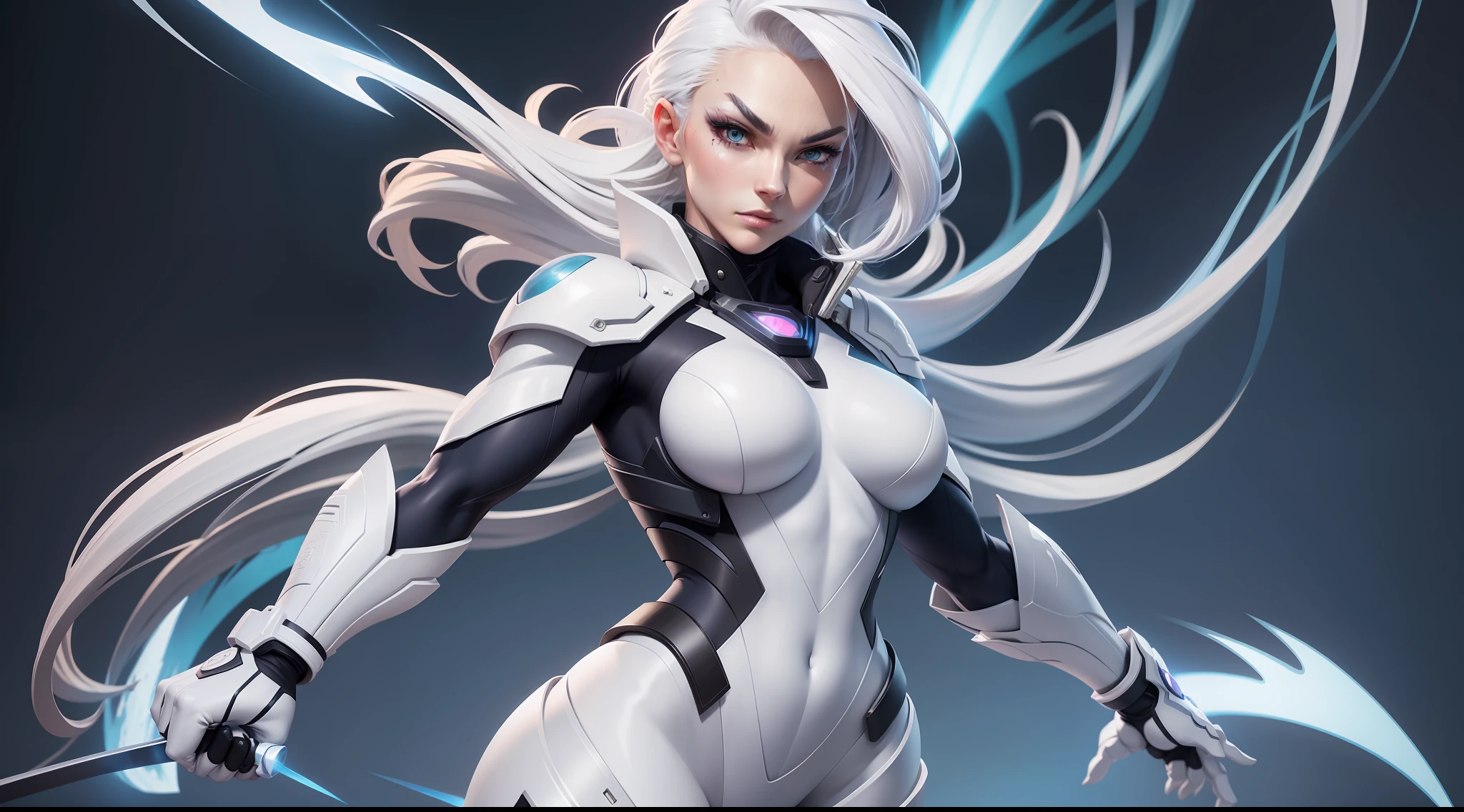 ninja, white ninja suit, pretty face, serious face, white hair, white eyebrows, cosmic eyes, lightning effect background, perfect body, fit body, big breasts, muscular, bokeh, UHD, side lighting, full body must be shown