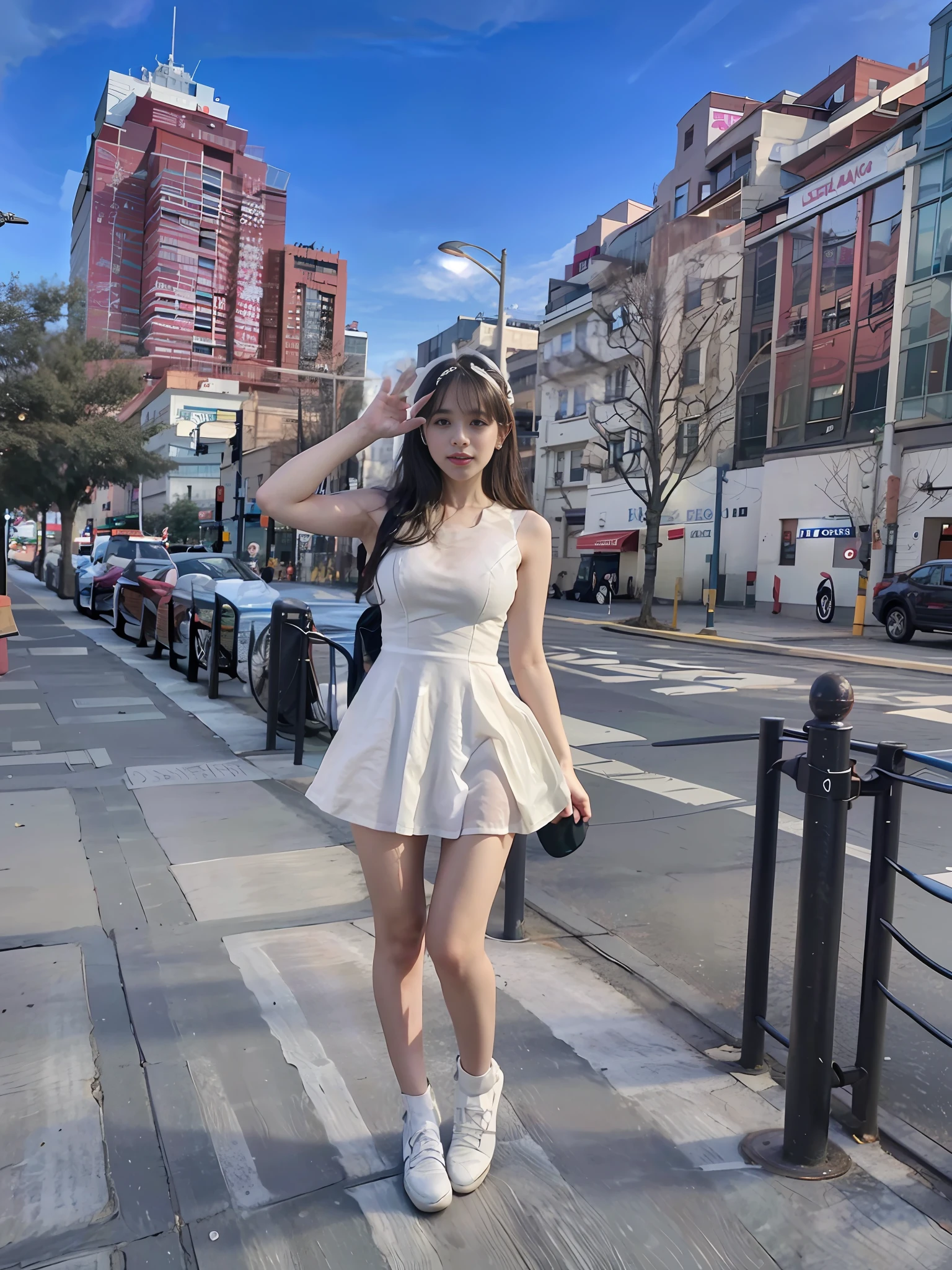 araffe woman in a white dress posing on a sidewalk, in city street, wearing a cute white dress, wearing a wet white short dress, wearing white dress, standing in a city center, in city street at night, taken in 2 0 2 0, f / 1. 9 6. 8 1 mm iso 4 0, full body cute young lady