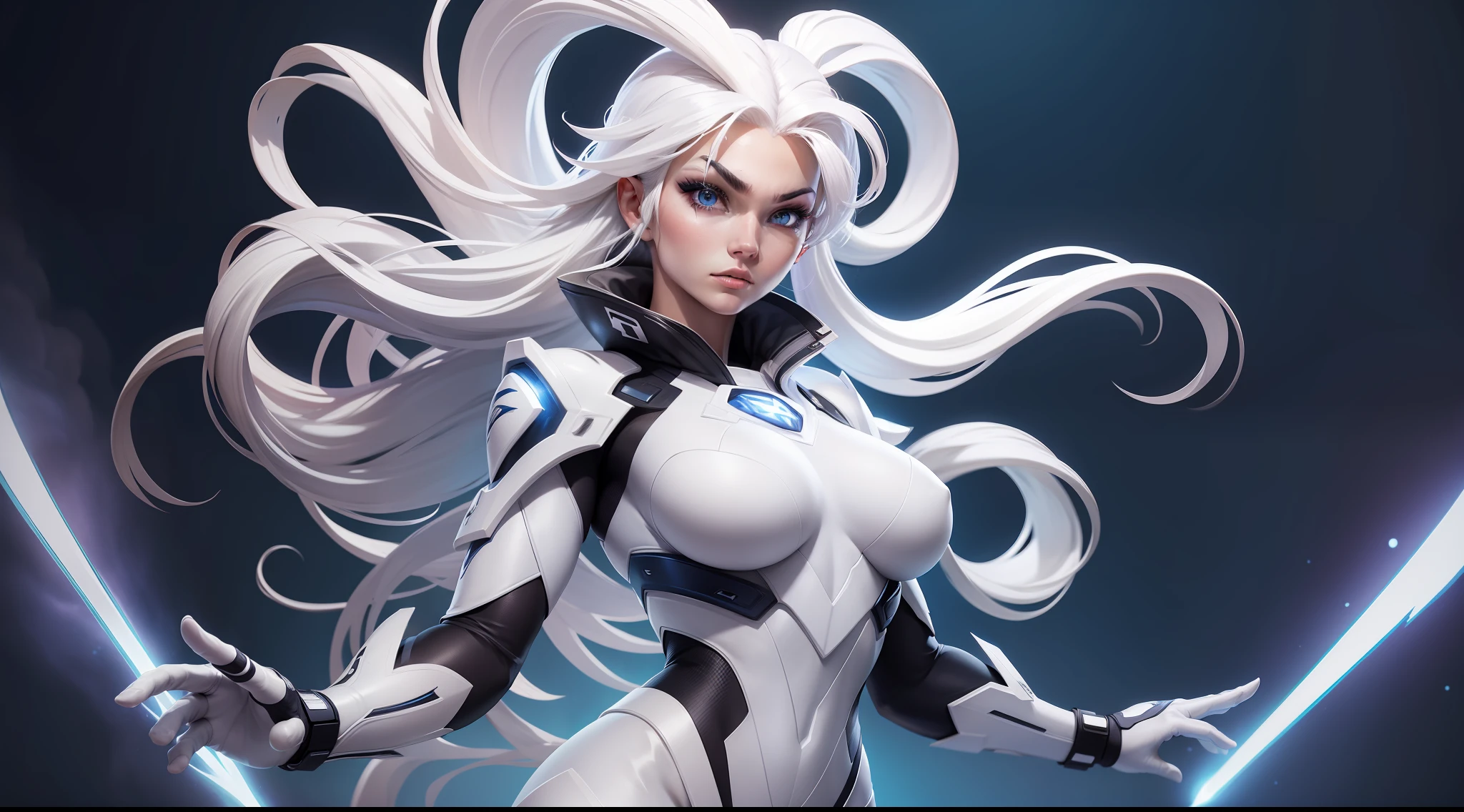 ninja, white ninja suit, pretty face, serious face, white hair, white eyebrows, cosmic eyes, lightning effect background, perfect body, fit body, big breasts, muscular, bokeh, UHD, side lighting, full body must be shown