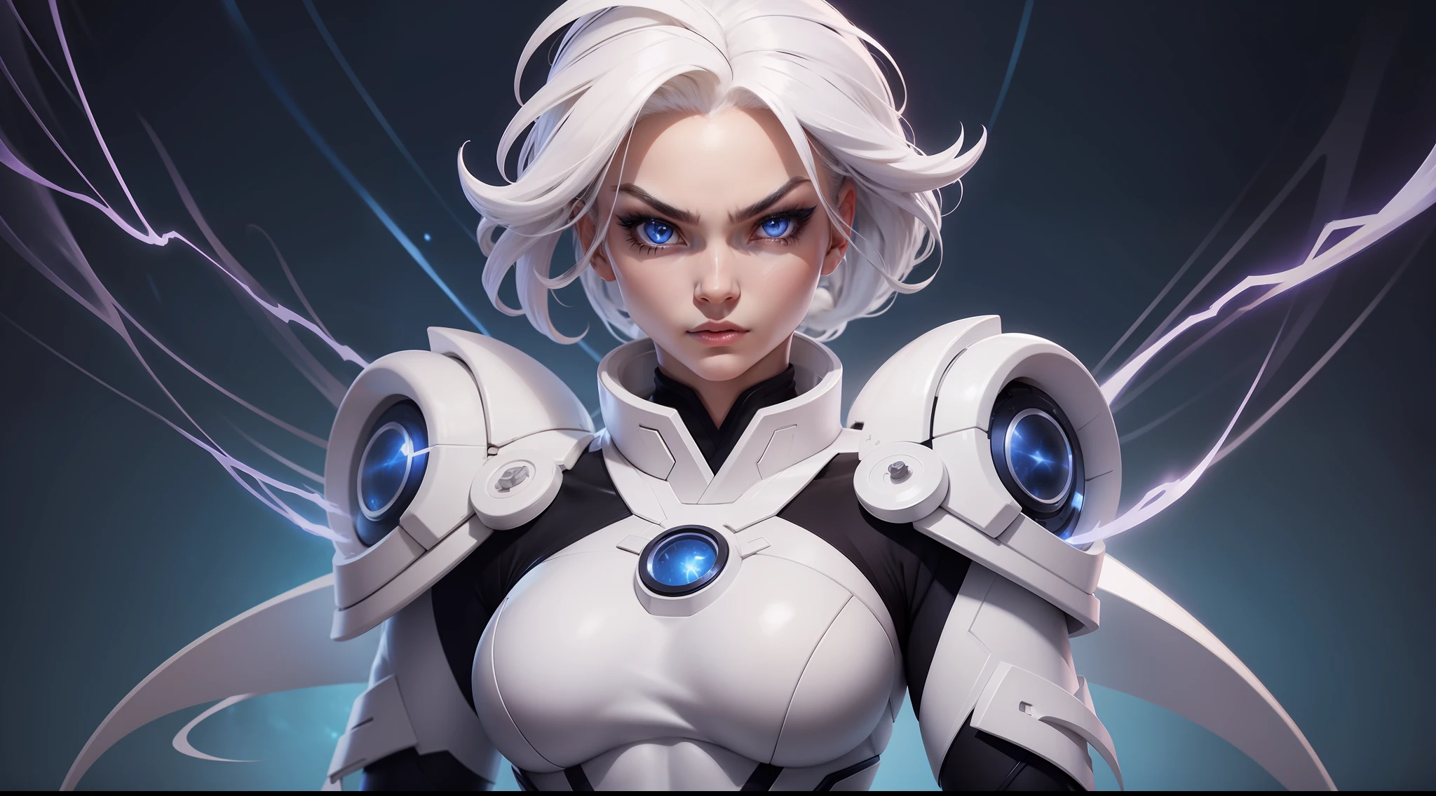 ninja, white ninja suit, pretty face, serious face, white hair, white eyebrows, cosmic eyes, lightning effect background, perfect body, fit body, big breasts, muscular, bokeh, UHD, side lighting, full body must be shown