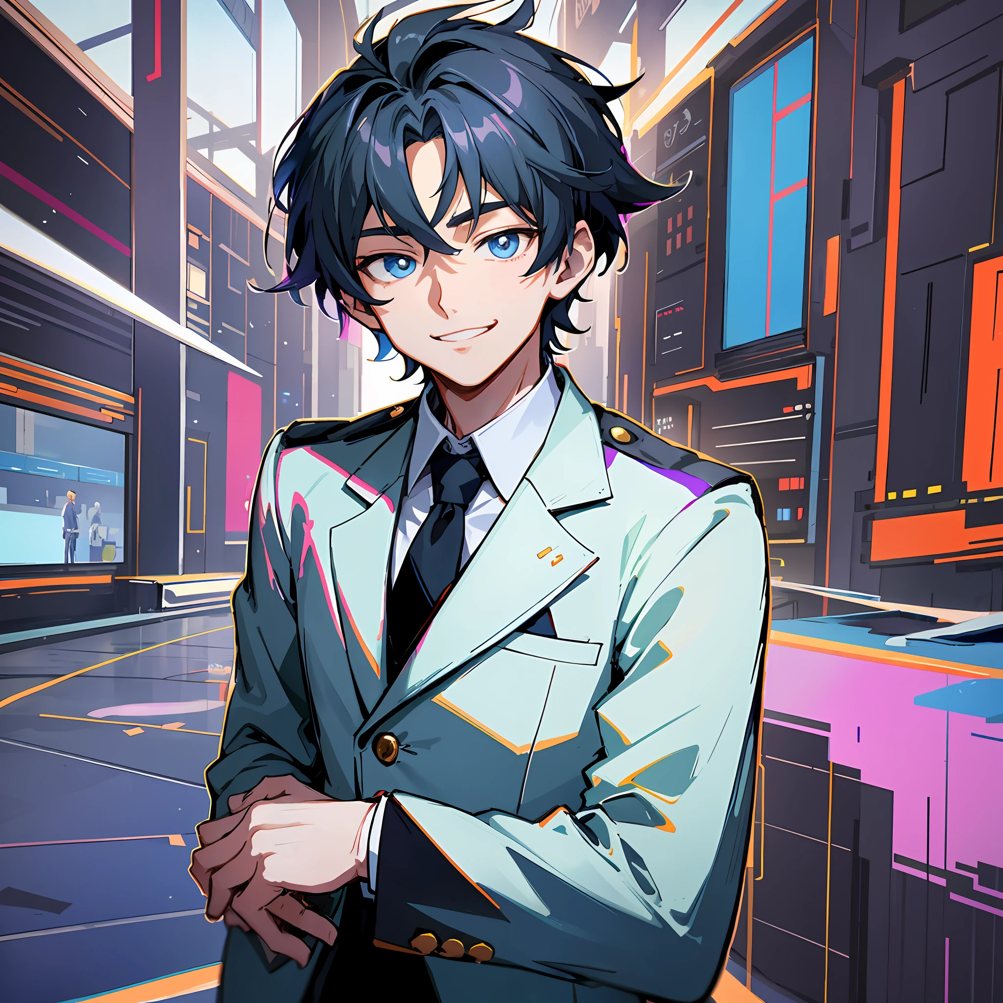 Anime character in suit and tie standing in the city, tall anime man with blue eyes, anime moe art style, official character art, young anime man, Shigenori Soejima illustration, 2D anime style, official character illustration, digital cyberpunk anime art, handsome man in demon slayer art, anime portrait of handsome man, cute smile