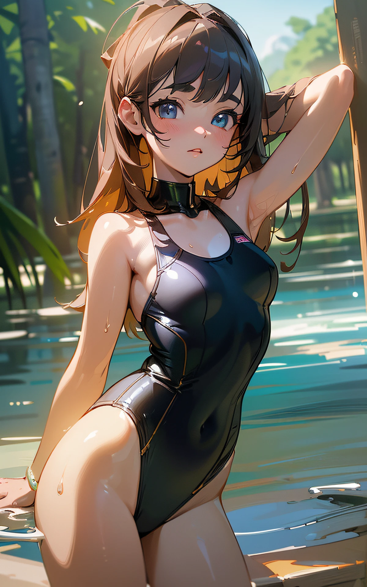 ((unity 16k wallpaper, masterpiece, best quality, ultra-detailed, extremely detailed CG, caustics, cinematic lighting, detailed, beautiful detailed eyes)), ultra high resolution, fine skin, (cute: 1.2), ( 12 year old girl), (old school swimsuit: 1.2)), summer background