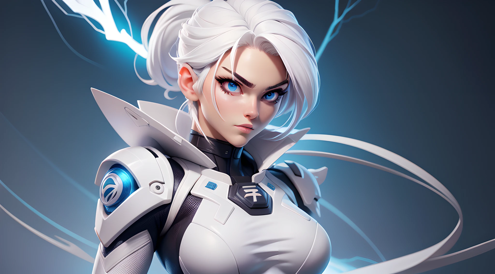 ninja, white ninja suit, pretty face, serious face, white hair, white eyebrows, cosmic eyes, lightning effect background, perfect body, fit body, big breasts, muscular, bokeh, UHD, side lighting,