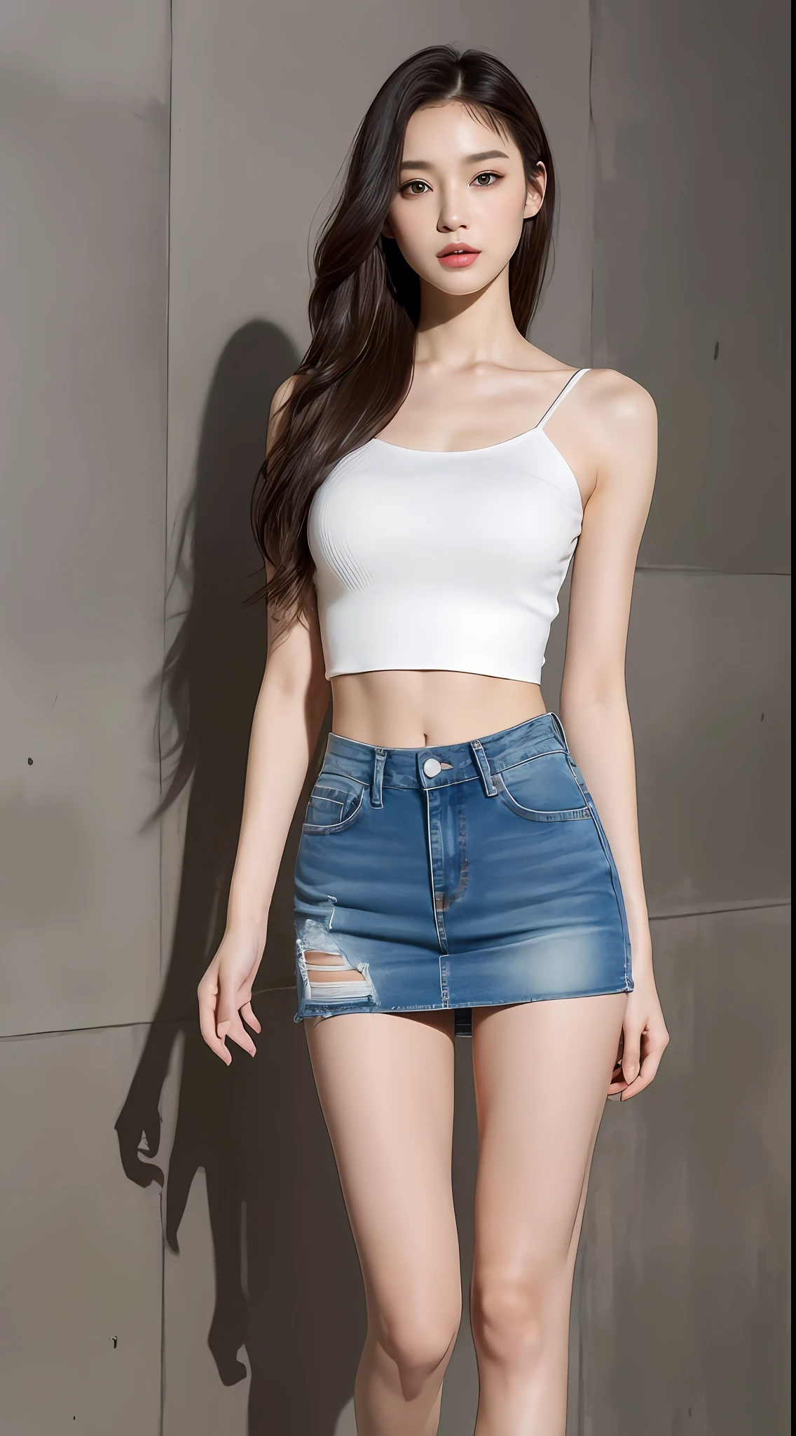 ((Top Quality, 8k, Masterpiece: 1.3)), 1 girl, Beauty with slender abs: 1.3, (Long hair, big: 1.2), White Camisole: 1.1, Ultra detailed face, detailed eyes, double eyelids, denim mini skirt, full body, thin legs, navel, thighs