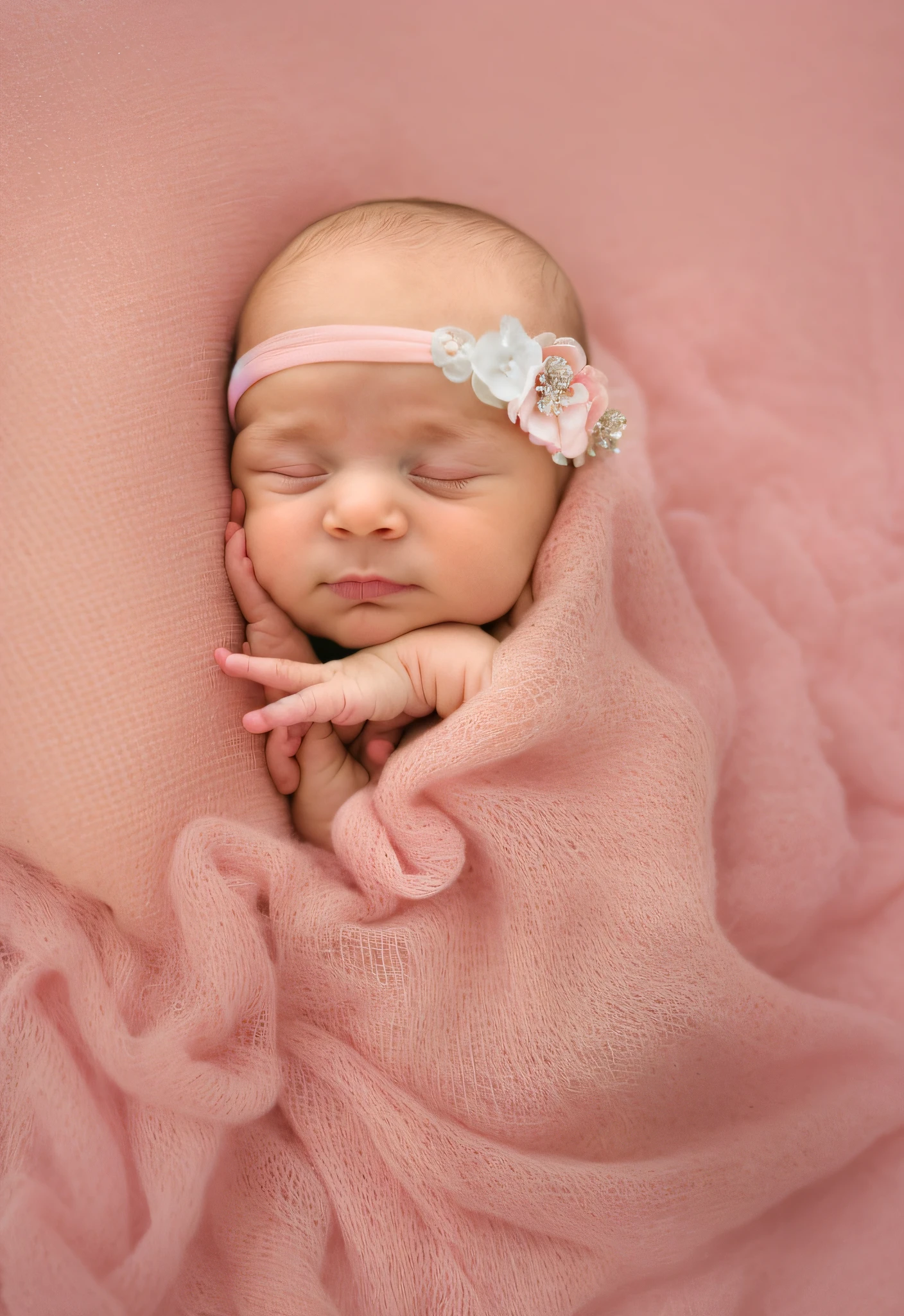 a close up of a baby sleeping on a pink blanket, close portrait, photo of a beautiful, alexa grace, detailed portrait shot, peaceful expression, modeled, pink headband, sweet and innocent, exquisitely detailed, olivia, she is in pure bliss, detailed scene, close up portrait shot, dreamy soft, detailed and complex, professionally retouched, soft and detailed