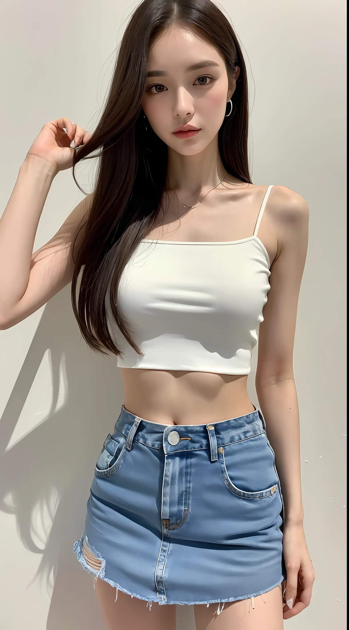 ((Top Quality, 8k, Masterpiece: 1.3)), 1 girl, Beauty with slender abs: 1.3, (Long hair, big: 1.2), White Camisole: 1.1, Ultra detailed face, Detailed eyes, Double eyelids, Denim mini skirt, Full body, Thin legs, Navel, 17 years old