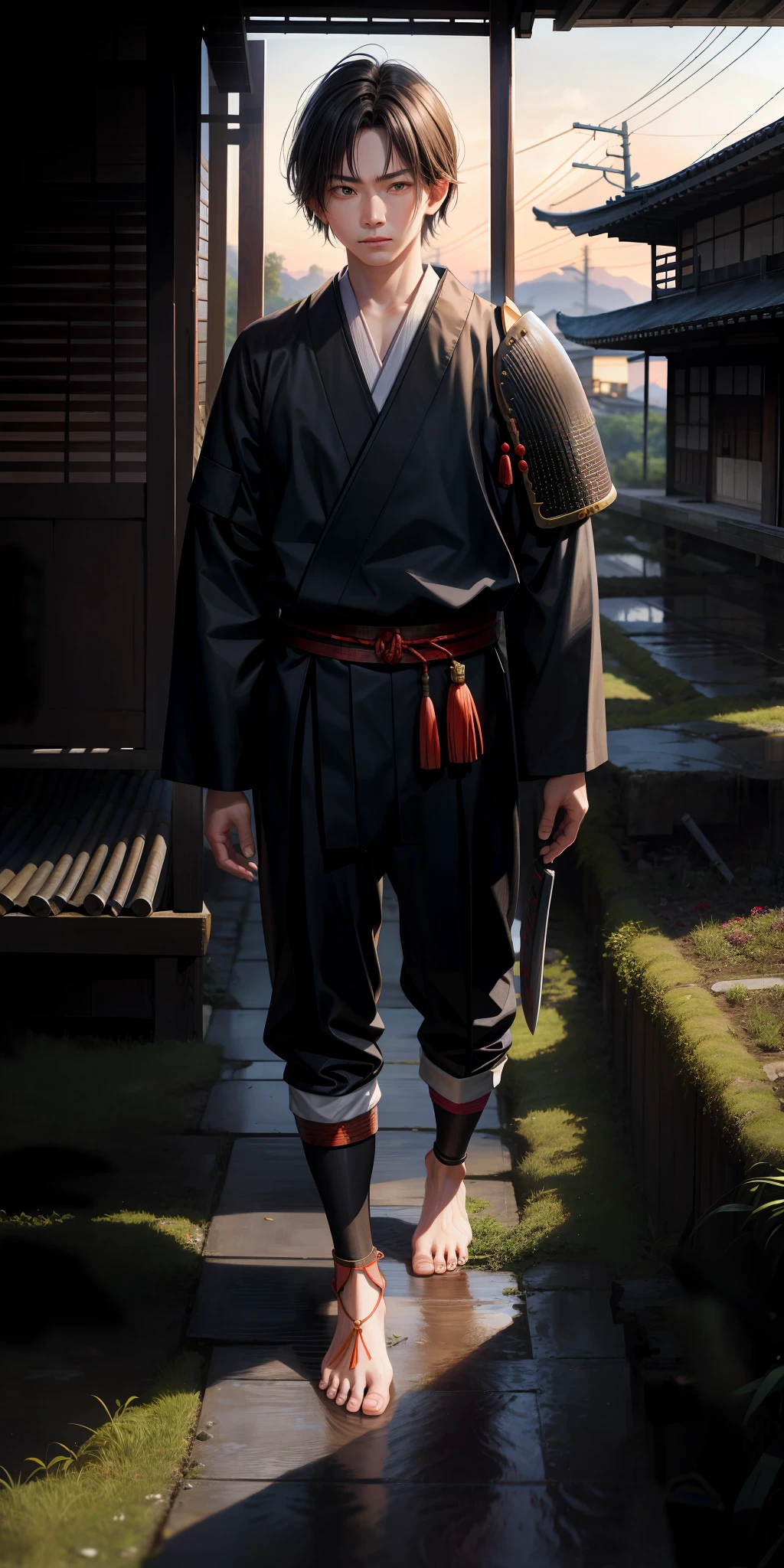 Realistic, Momotaro, 1 Boy, Peach, Samurai, Detailed Hands, Detailed Feet, Old House, Countryside, Rice Fields, Cyberpunk, Armor, Demon Slaying