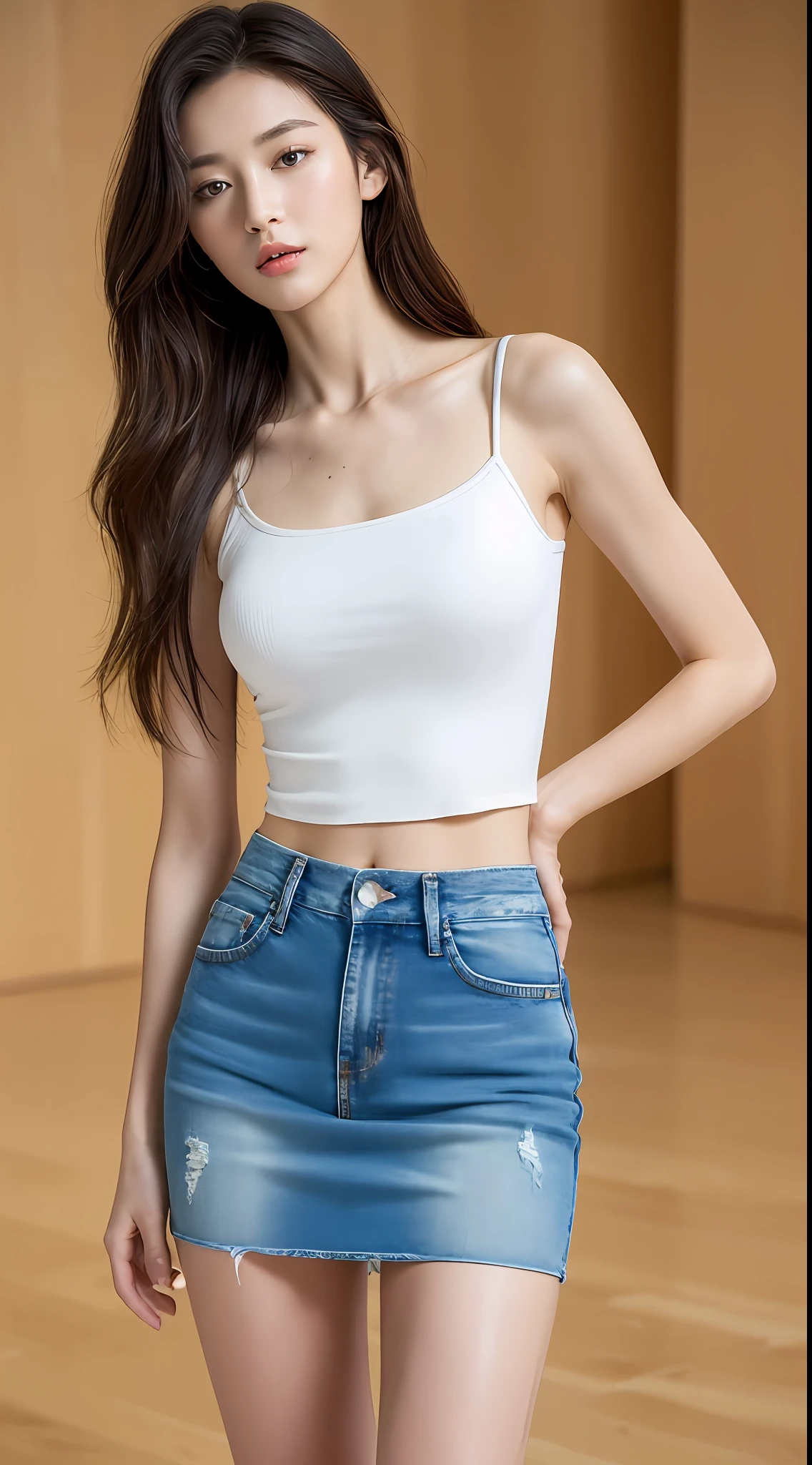 ((Top Quality, 8k, Masterpiece: 1.3)), 1 girl, Beauty with slender abs: 1.3, (Long hair, big: 1.2), White Camisole: 1.1, Ultra detailed face, Detailed eyes, Double eyelids, Denim mini skirt, Full body, Thin legs, Navel