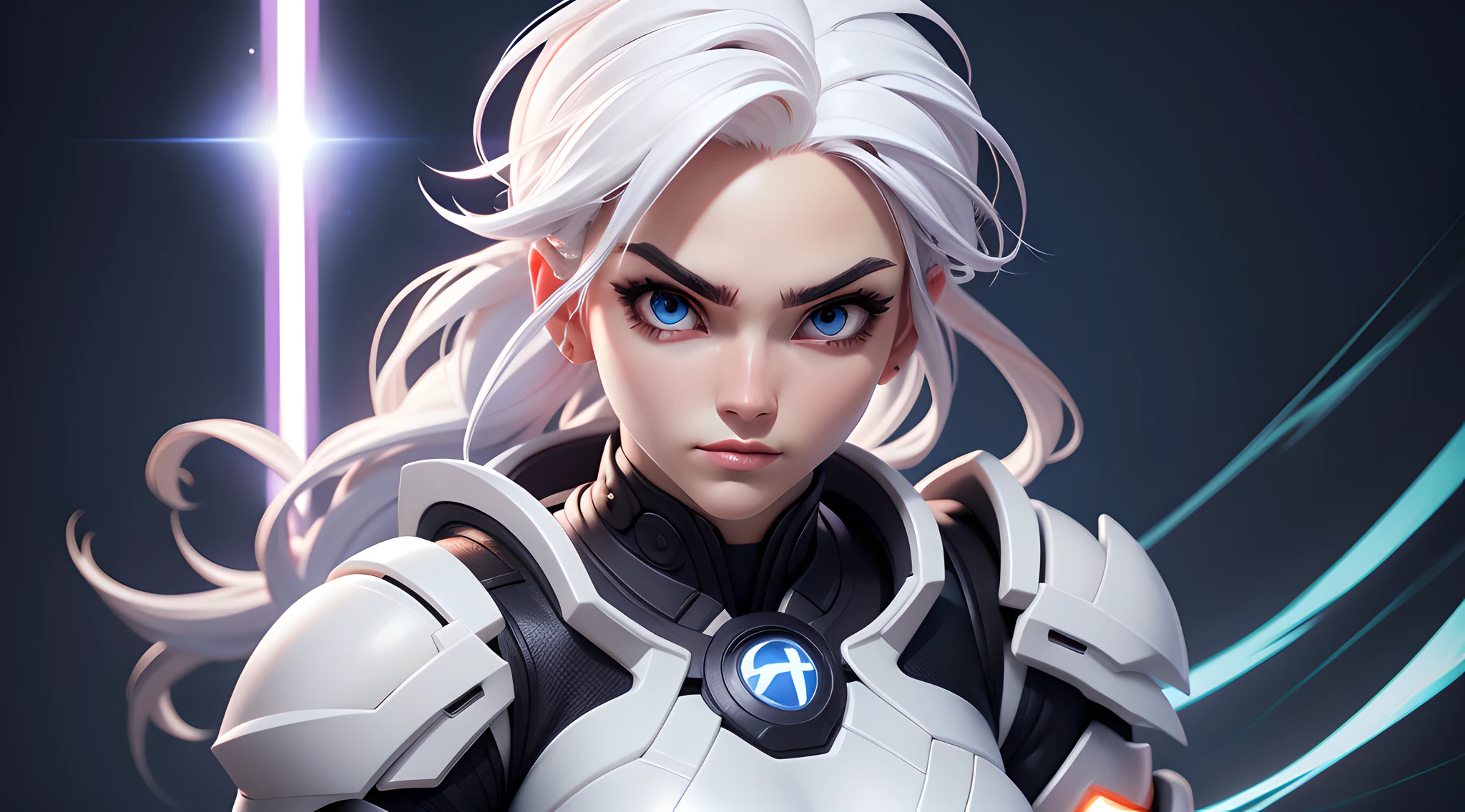 ninja, white ninja suit, pretty face, serious face, white hair, white eyebrows, cosmic eyes, lightning effect background, perfect body, fit body, big breasts, muscular, bokeh, UHD, side lighting, upper body must be shown
