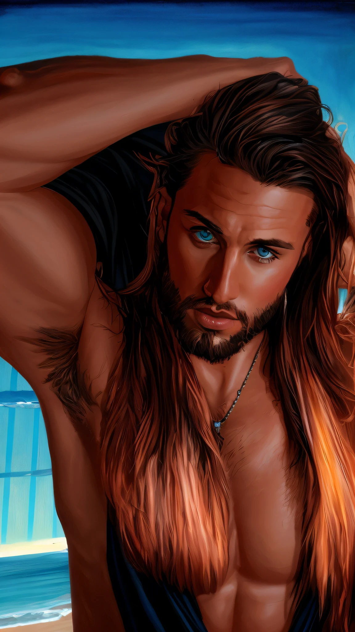 Hyper realistic painting of a chiseled handsome man in the style of Becky Cloonan,, looking at the viewer, full body, dramatic lighting, tumblr, fantasy art, very masculine, strong and handsome, luminous sky, ocean view