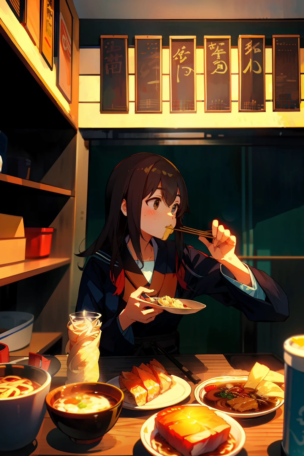 High school girl eating Jiro ramen under blue sky