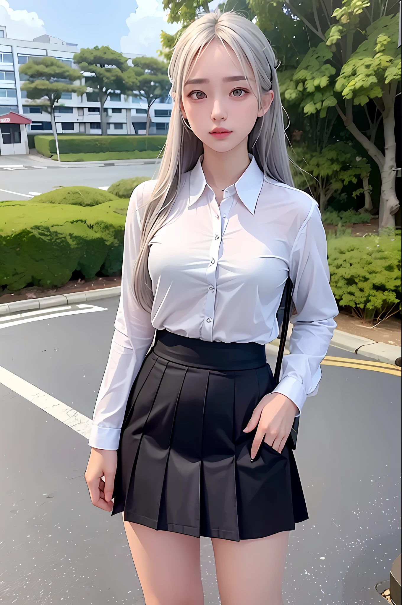 photorealistic, high resolution, 1 girl, gray hair, korean, heterochromic eyes, small moles under eyes, big, blonde, beach, outdoor, one side up, huza, black skirt, wharf, school uniform, 25 years old
