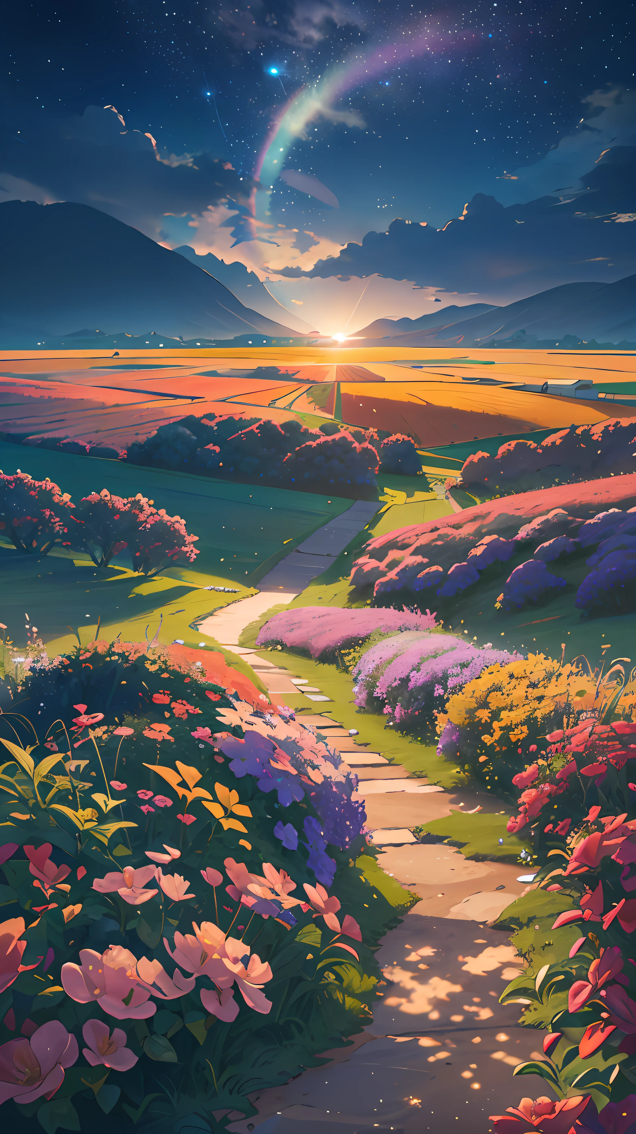 A wide-landscape photo, with the blue sky above and an open field below. In the field, a girl is standing, immersed in a sea of colorful flowers, looking up. The bright sun (1:2) is radiant in the sky, scattering its rays of golden light throughout the scene. In the background, distant mountains provide a majestic landscape. Leafy BREAK Crafting Art trees add soft shadows to the field. The warm light (1.2) from the sun creates a play of vibrant colors, with shades of purple and orange spreading throughout the environment. Intricate details and volumetric lighting BREAK (Masterpiece: 1.2) highlight the stunning beauty of the scene. The image quality is 4K, ultra detailed, capturing each element perfectly. The dynamic composition (1.4) gives movement and fluidity to the image, while vivid colors and a rainbow (1.2) add a magical touch. The bright atmosphere and atmospheric lighting create a sense of dreaminess and enchantment. The soil (1.2) is rich in detail and color, complementing the natural beauty of the landscape