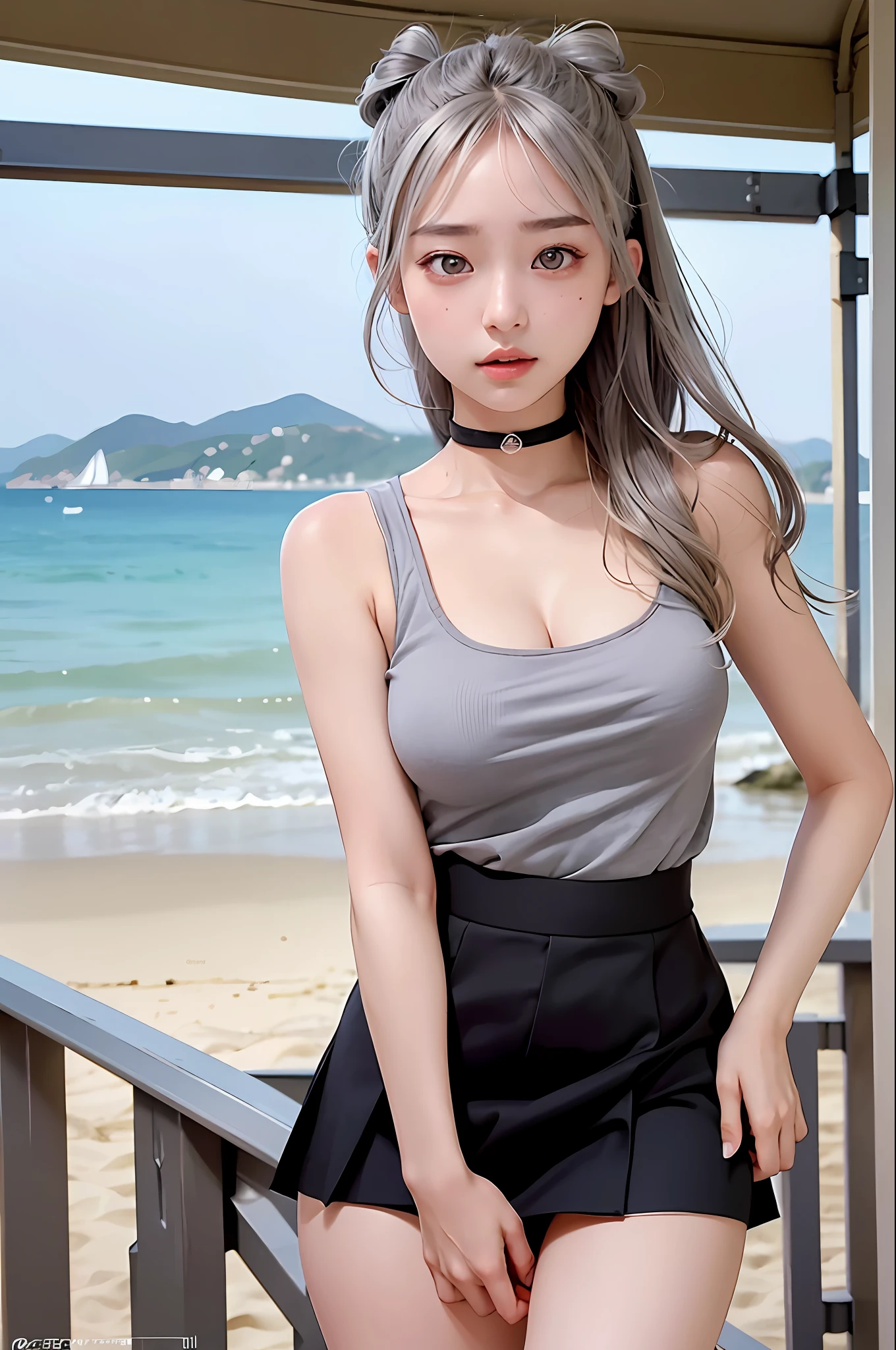 photorealistic, high resolution, 1 girl, gray hair, korean, heterochromic eyes, small moles under eyes, big, blonde, beach, outdoor, one side up, huza, black skirt, wharf, school uniform, 25 years old