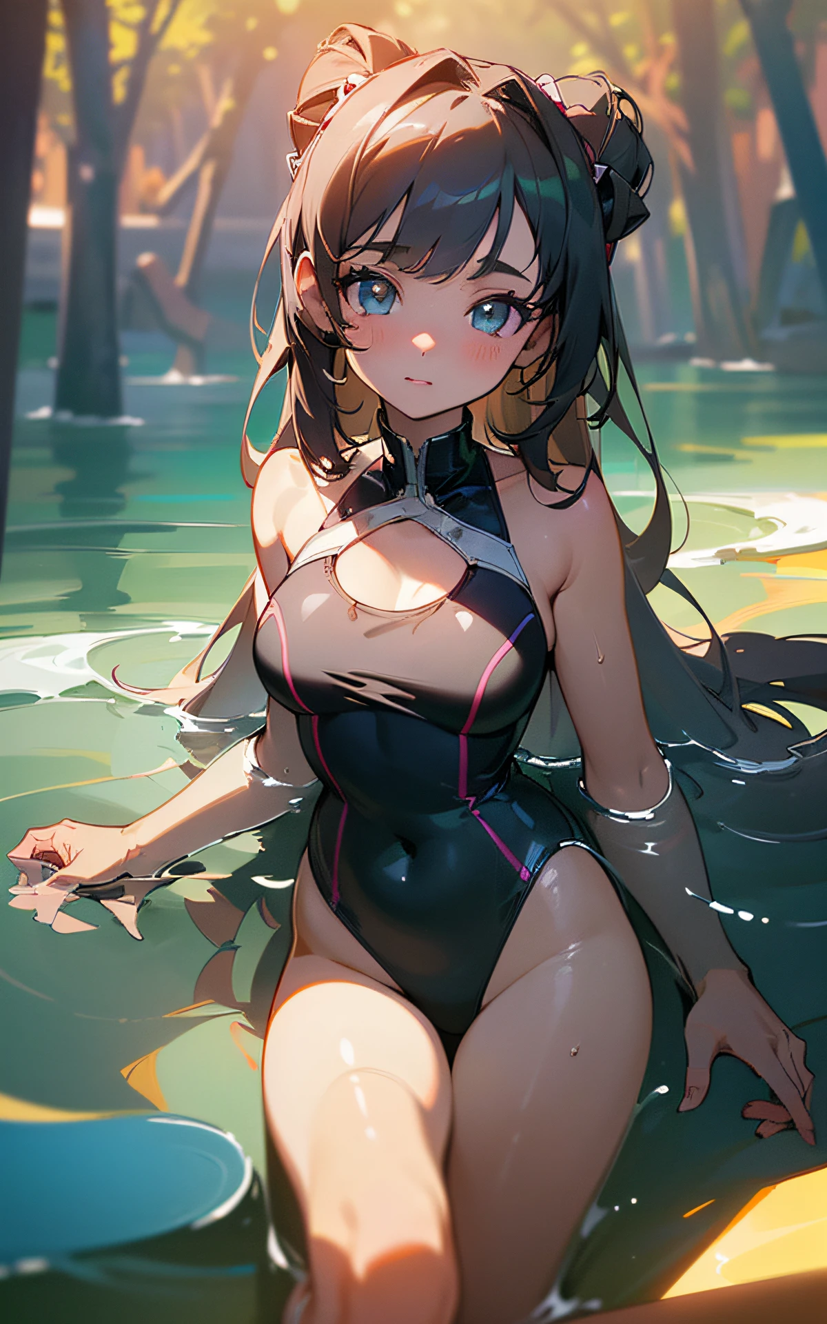 ((unity 16k wallpaper, masterpiece, best quality, ultra-detailed, extremely detailed CG, caustics, cinematic lighting, detailed, beautiful detailed eyes)), ultra high resolution, fine skin, (cute: 1.2), ( 15 year old girl), (old school swimsuit: 1.2)), summer background