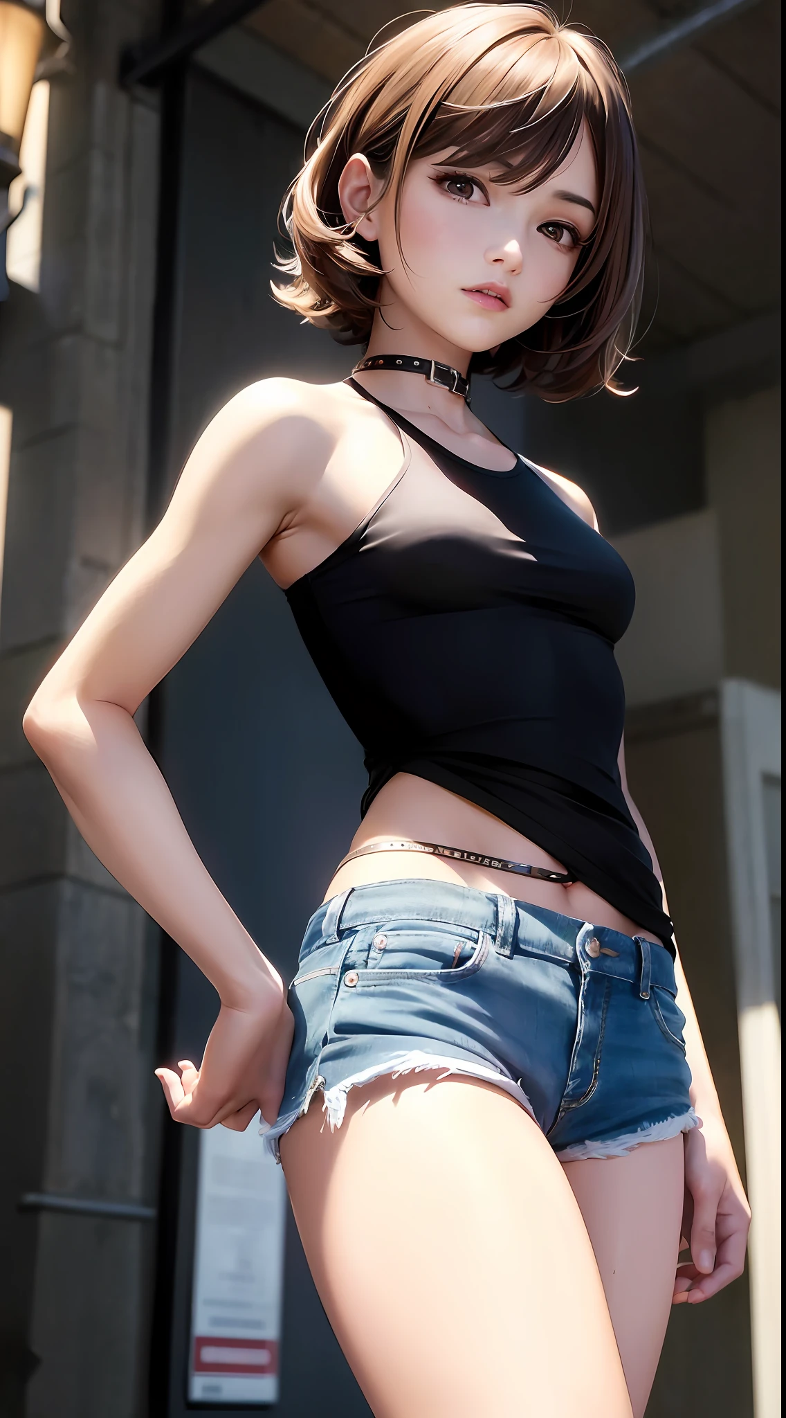 ((medium breast, tomboy girls, small head)), daylight, sunlight, (chiseled abs : 1.1), (perfect body : 1.1), (short wavy hair : 1.2) , auburn hair, collar, chain, full body shot, crowded street, wearing black tanktop, jeans jacket, ((shorts)), (extremely detailed CG 8k wallpaper), (an extremely delicate and beautiful), (masterpiece), (best quality:1.0), (ultra highres:1.0),  beautiful lighting ,perfect lightning, realistic shadows, [highres], detailed skin, ultra-detailed