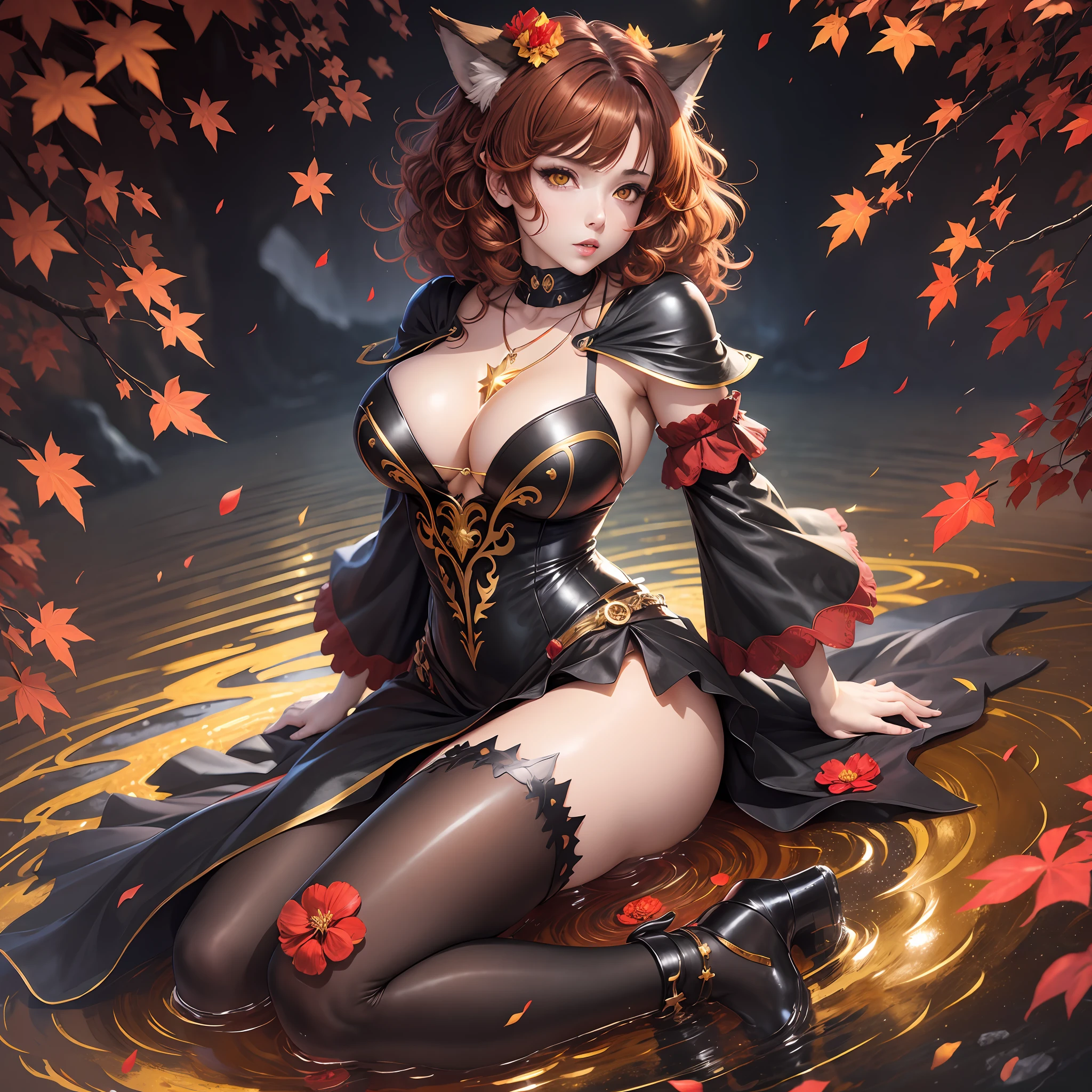 anime woman, big breasts, bright right eye, bright red left eye, curly short brown hair, very short black and red and gold dress, gold star necklace, brown wolf ears, nine brown tails, full body, red flower in hair in a black lake of stars