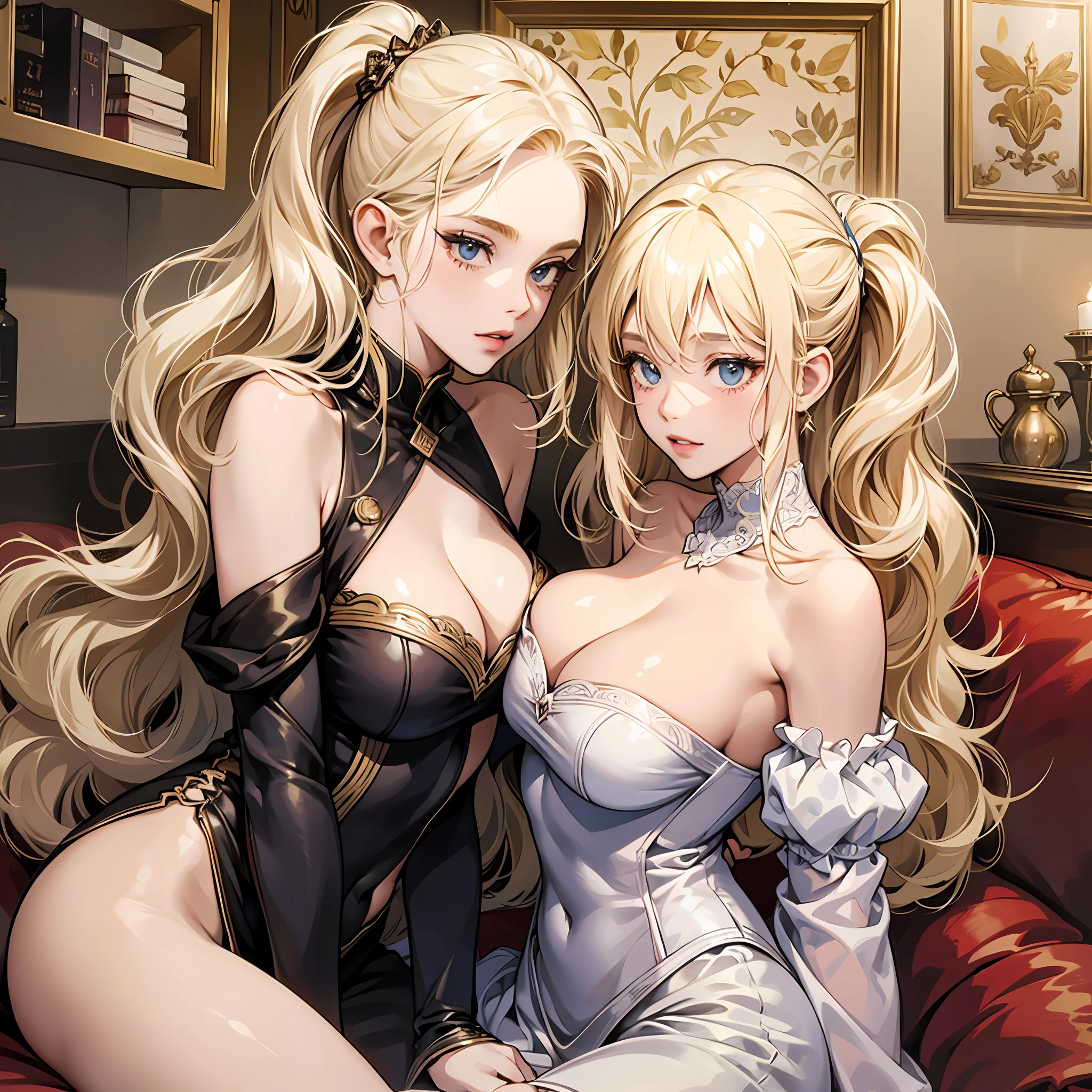 Sisters, 2girls, 1 platinum blonde, 1 golden blonde, girlfriends, in love, couple, height difference, big boobs, early 20s, young adults, masterpiece --auto --s2