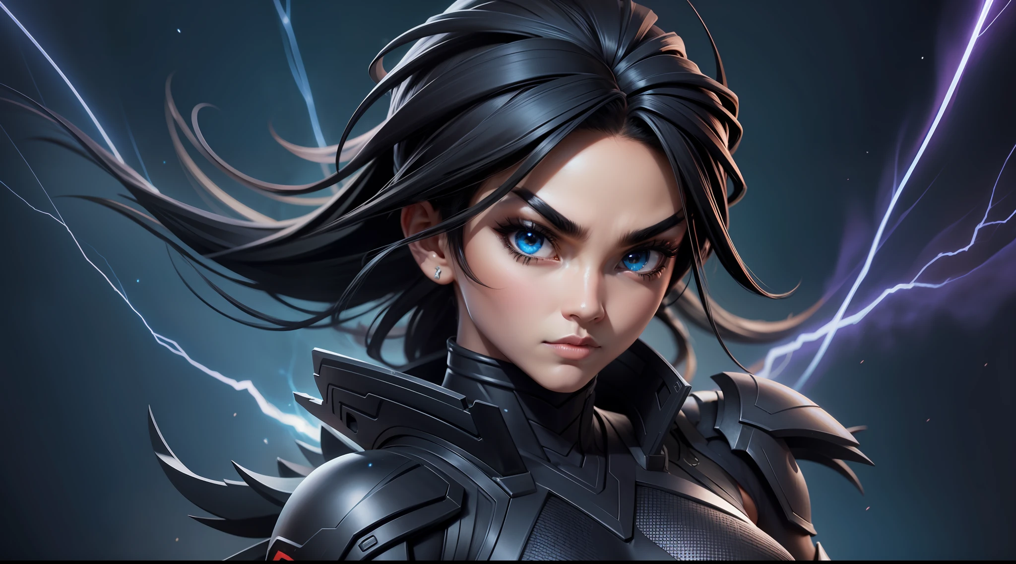ninja, black ninja suit, pretty face, serious face, black hair, cosmic eyes, lightning effect background, perfect body, fit body, big breasts, muscular, bokeh, UHD, side lighting, upper body must be shown