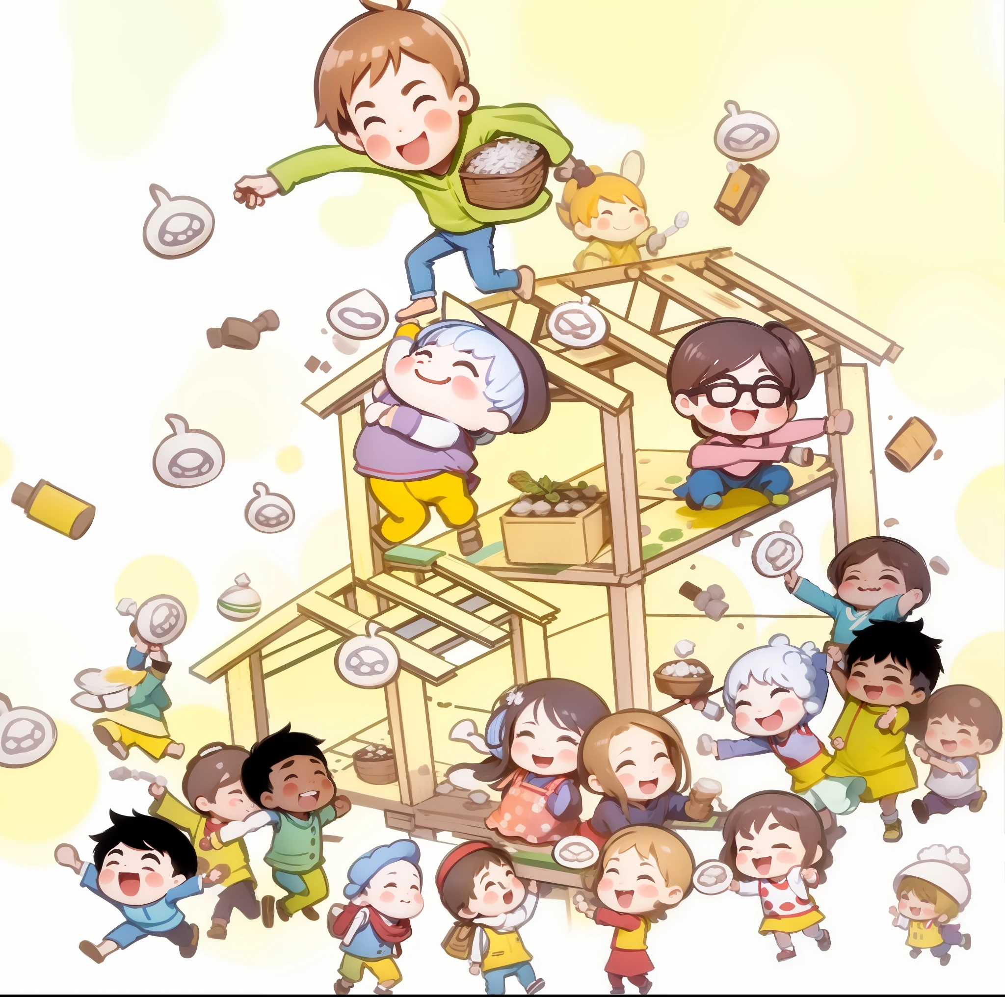 A large number of people gather at the ceremony, and the mochi is sprinkled by adults on the roof in the middle of construction. Children holding the sprinkled rice cakes in their hands while smiling --auto --s2