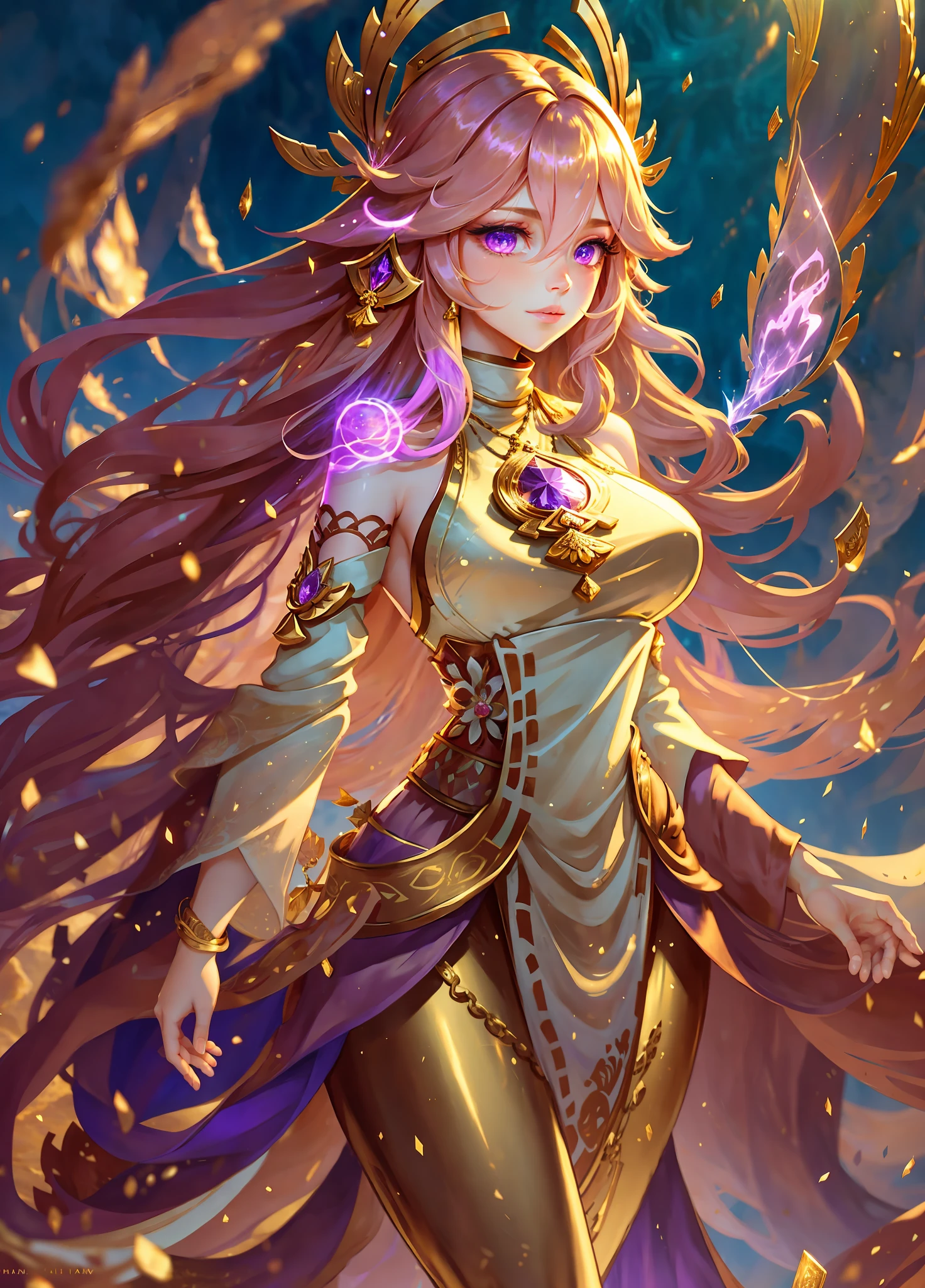 full shot body photo, illustration, cinematic light, fantasy, highest quality, ultra-detailed, best quality, masterpiece, (detailed face), tall and mature woman, a tall dress covered full body made of gold coins chained together , golden pants, , glowing flowing sand, floating ember crystals, golden hair jewelry, the metal reflecting sunlight, clear blue sky, desert and ocean in background, long hair, pink hair, yae miko, purple eyes, glowing colorful spiders, emitting magic energy, dark, light reflection --s2
