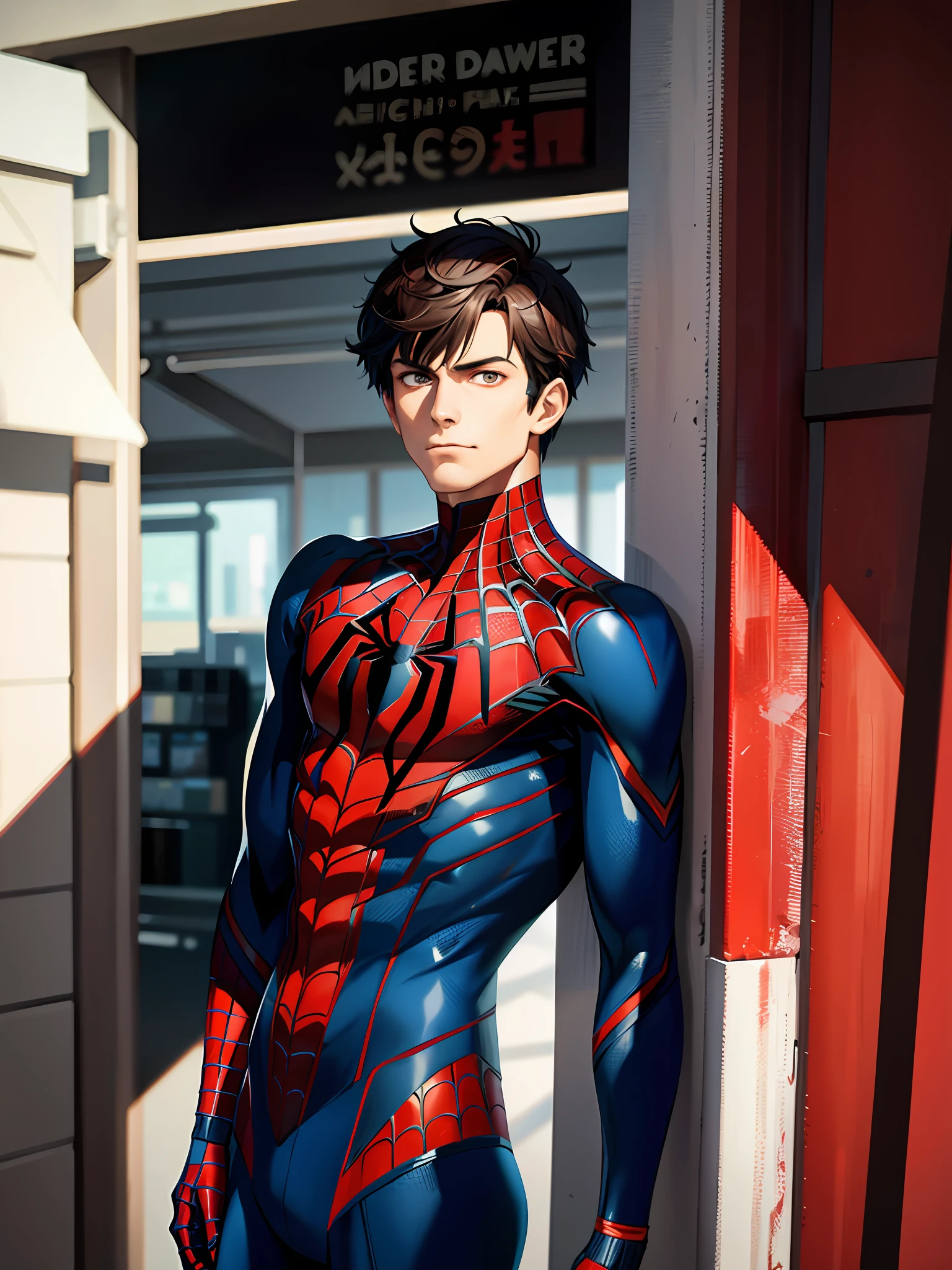 Costume Spider Man, Male, Man, Dark Brown Short Hair, Details, Red and Blue Clothing, Spider, Spider-Man, No Mask, Anime.