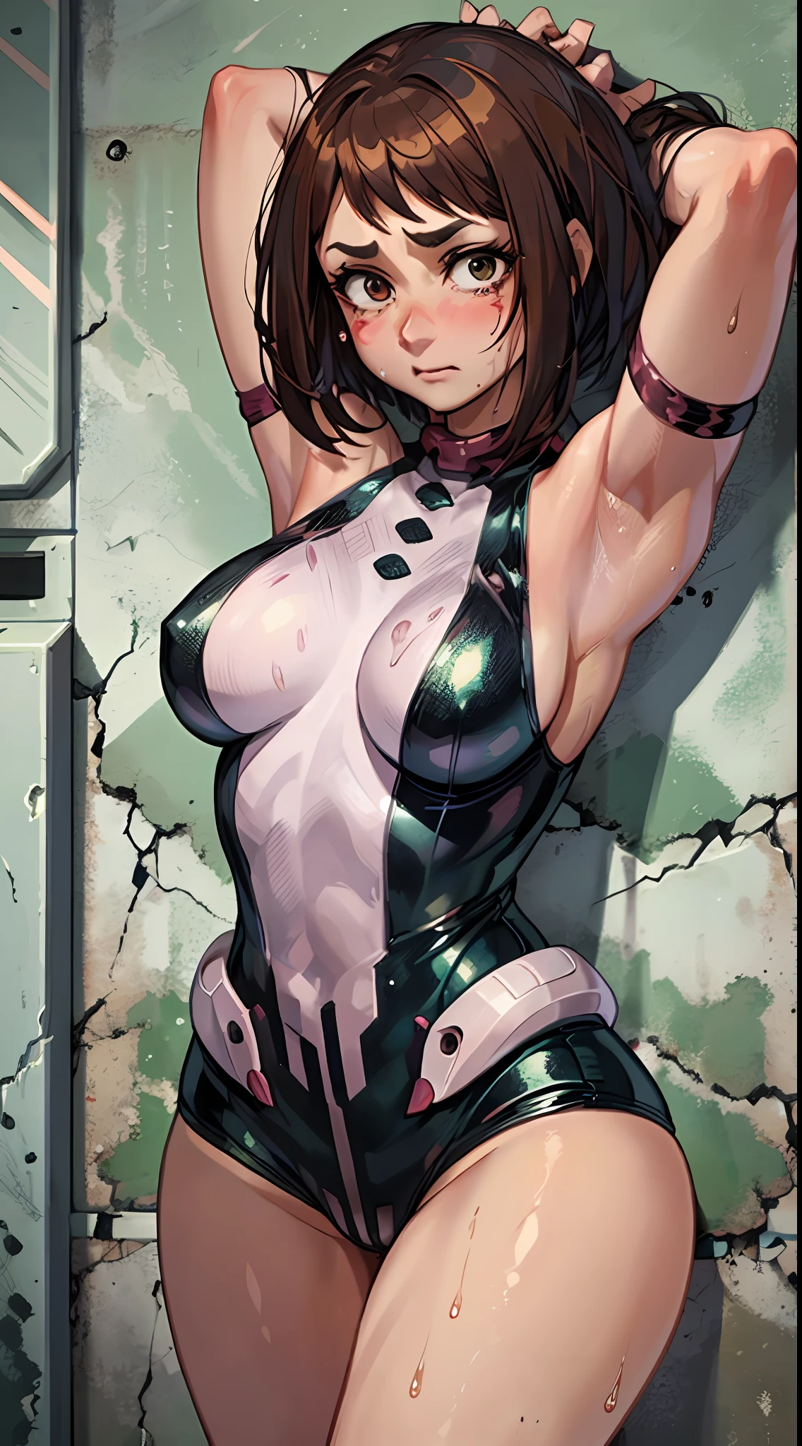 Brown-haired bob-cut woman in a hero suit with her arms folded behind her head and her legs open, legs like a camel, contemptuous gaze, glaring, embarrassed, tears, her whole body is wet with white liquid, her face and chest are yogurted, sexy woman with legs open at M, panchira, panties bitten, beautiful woman, dirty with yogurt all over her body, abandoned toilet