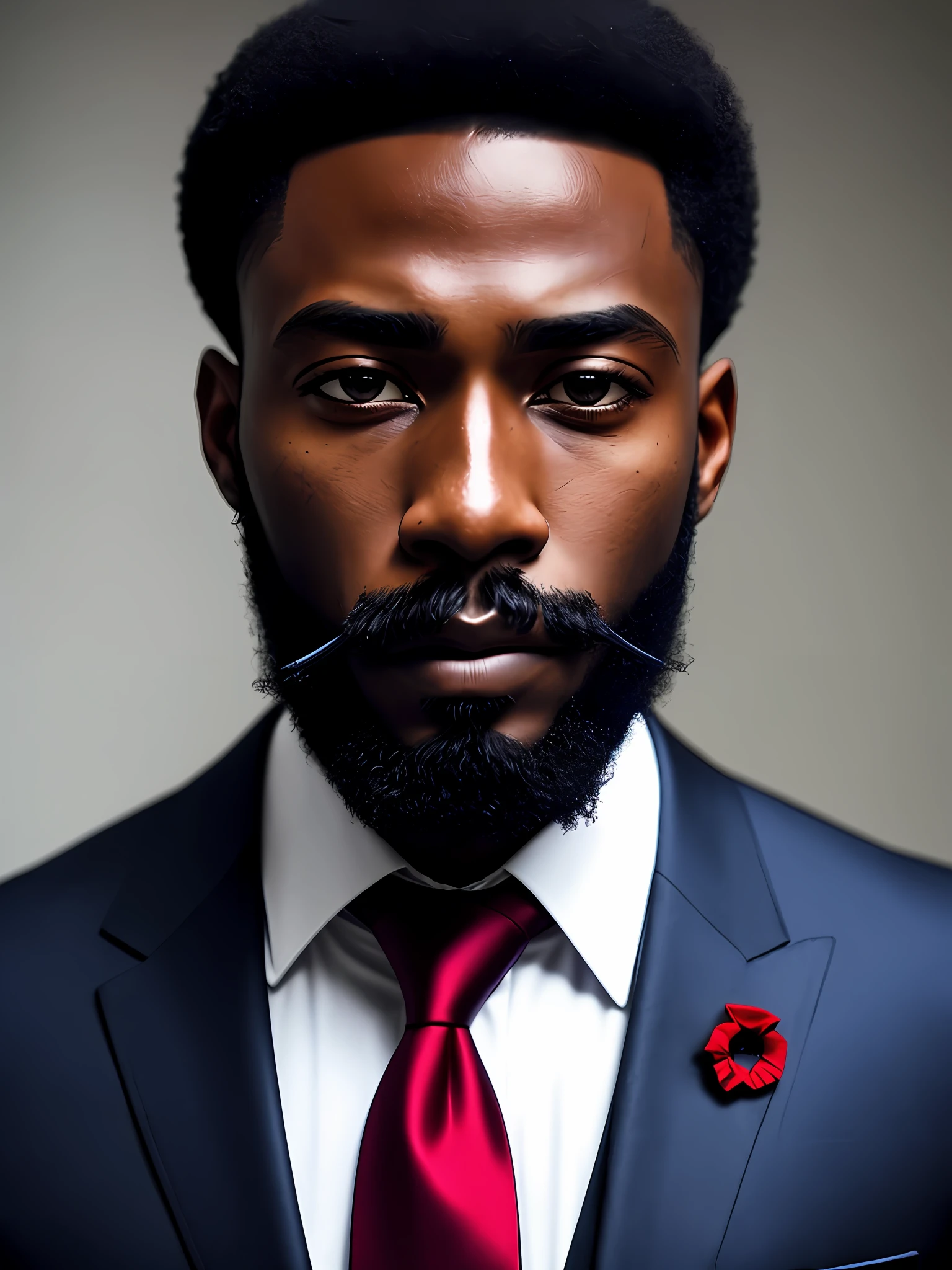 black man, beard on face, gangster style outfit, dark blue outfit, red tie, bruised face, bruised nose., portrait, dramatic, cinematic,