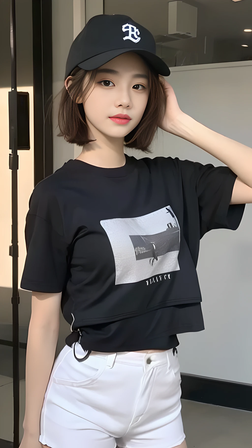 ((Best Quality, 8K, Masterpiece: 1.3)), (Baseball Cap: 1.3), Focus: 1.2, Perfect Body Beauty: 1.4, Buttocks: 1.2, (Layered Haircut: 1.2)), , (Dark Street: 1.3), Highly Detailed Face and Skin Texture, Full Body, Delicate Eyes, Double Eyelids, Whitened Skin, Long Hair, (Round Face: 1.5), (Short Sleeves, Shorts: 1.6)