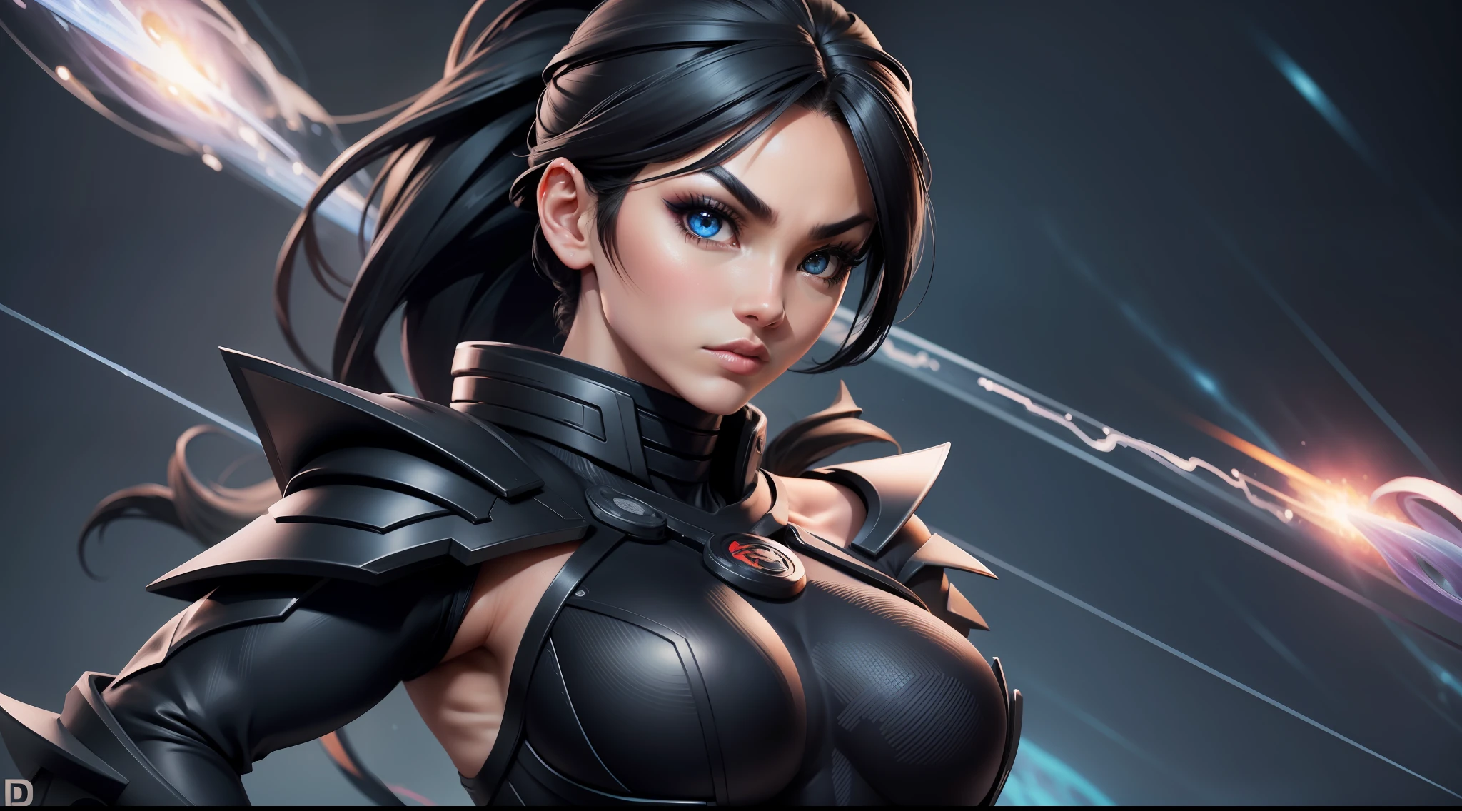ninja, black ninja suit, pretty face, serious face, black hair, cosmic eyes, lightning effect background, perfect body, fit body, big breasts, muscular, bokeh, UHD, side lighting, upper body must be shown