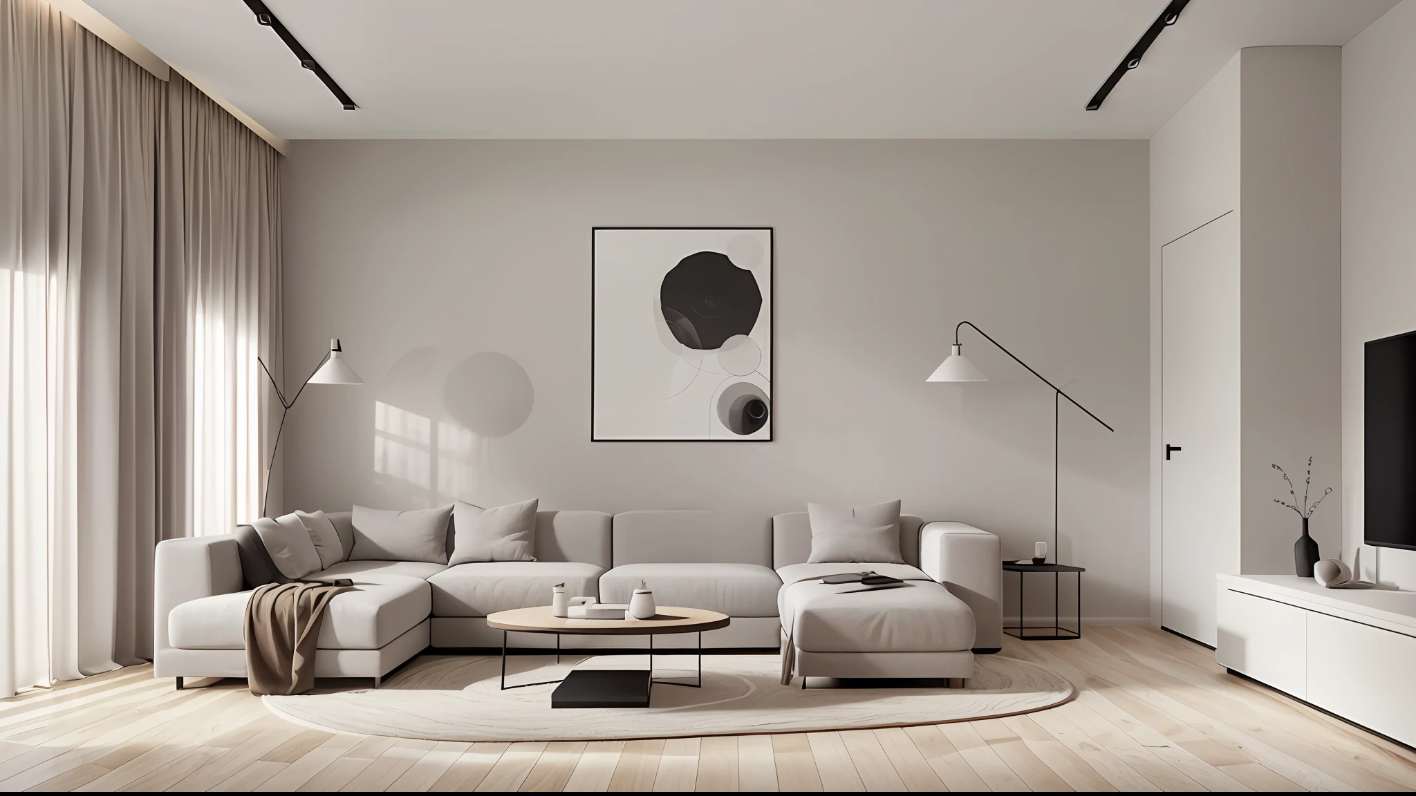 minimalist interior, living room, white walls, skin pores, skin indentation, detailed face, best shadows, best lighting, cinematic lighting, best quality, luminous eyes, ambient warm light, warm tones,