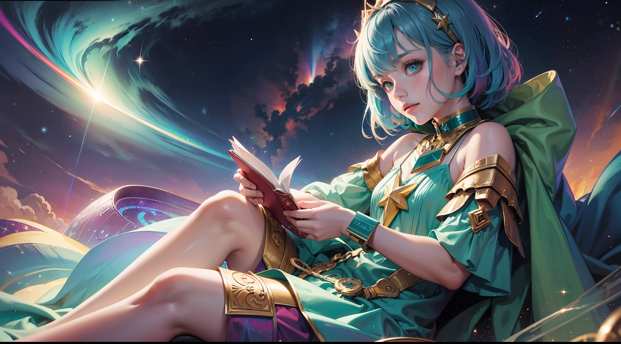 a little girl with rainbow colored hair and teal dress armor, sitting in the stars and reading a colored shining book, rainbow colored cosmic nebula sky background, stars, galaxies