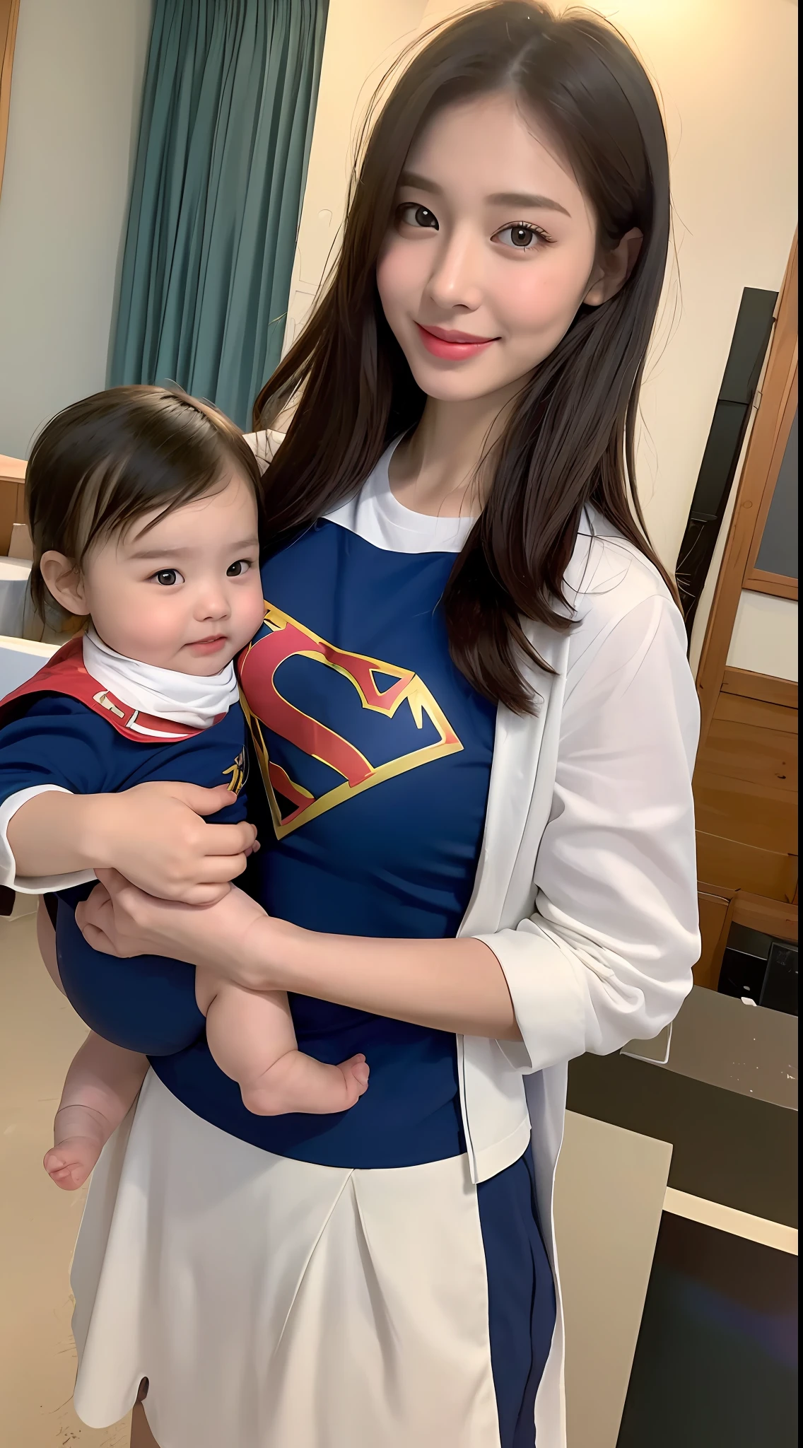((Best quality, 8k, Masterpiece :1.3)), 1girl, supergirl mother flying with her baby: 1.3, full body, (long hair, large breasts: 1.2), oversized regatta: 1.2, ultra-delicate face, delicate eyes, double eyelids, smile, home, random colored clothes
