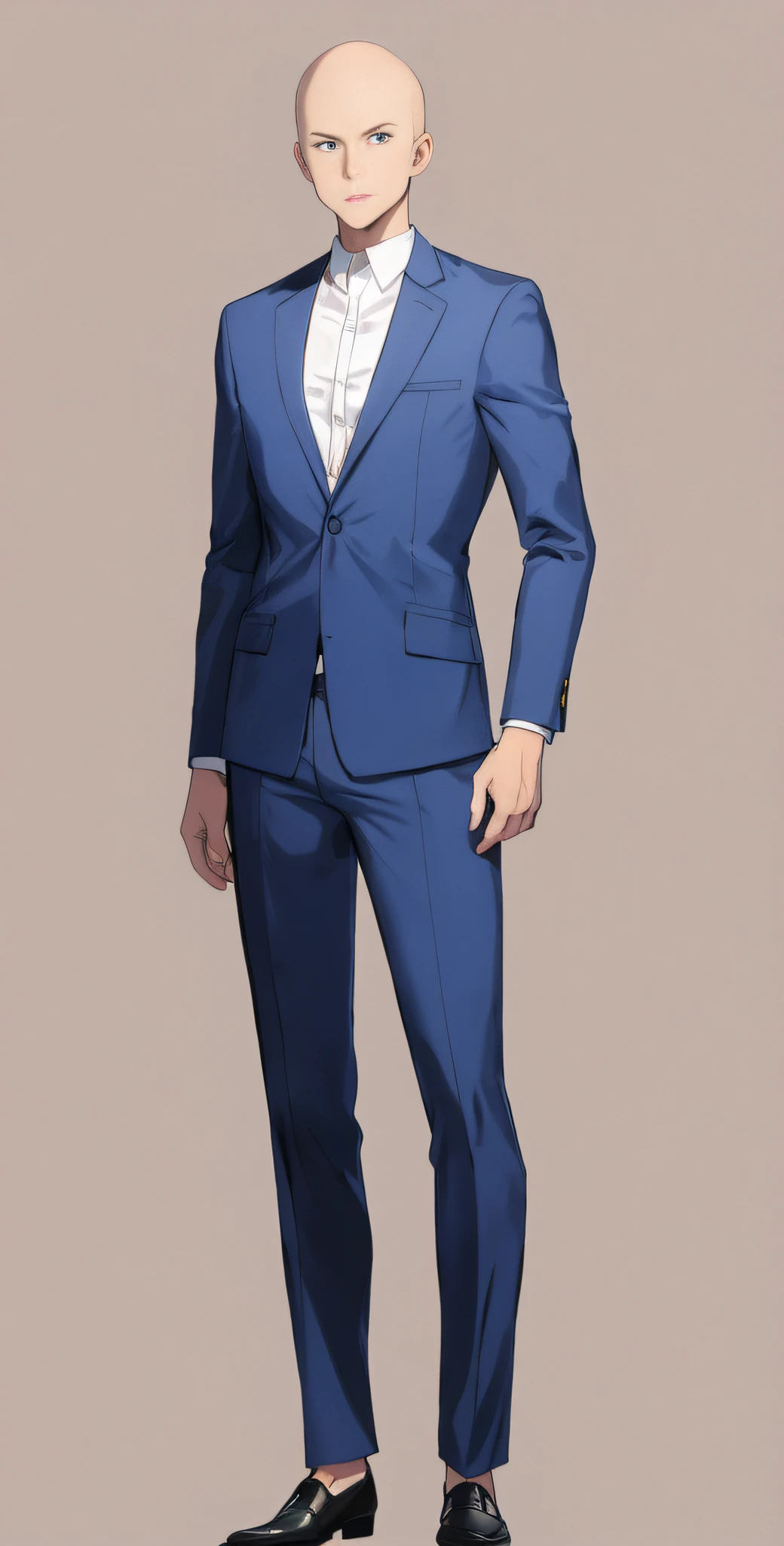 HD wallpaper, face fine high quality, hands fine high quality, there is a man in a blue suit and black shoes, full body portrait of the character, comic book style, bald head, solid color background