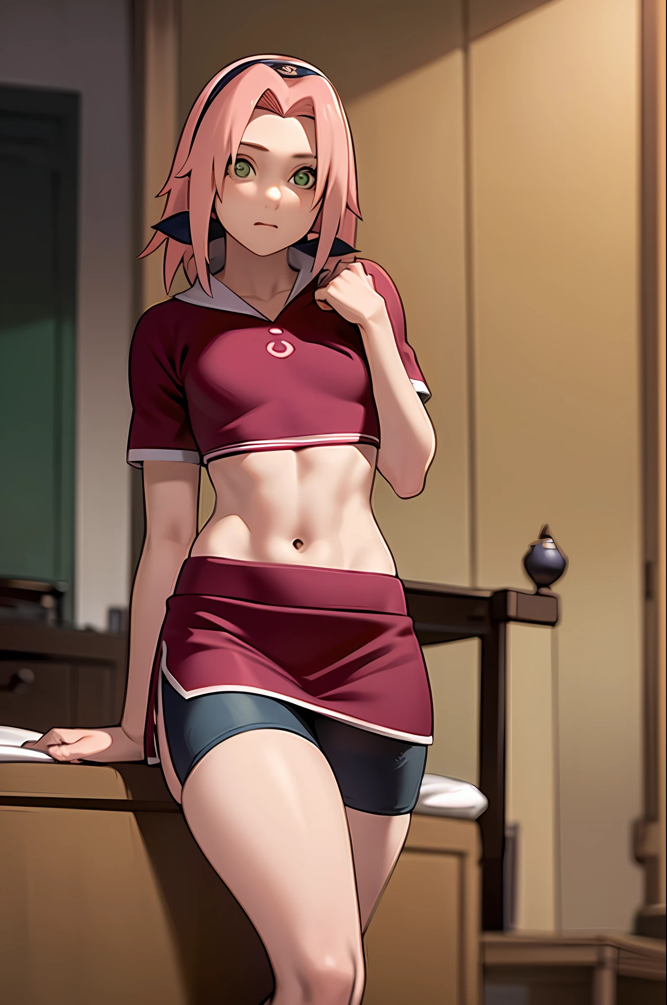 masterpiece, best quality, 1girl, Sakura Haruno, small breasts, toned, looking at the viewer, school uniform, lifting shirt, thigh socks, midriff, in bed, sun, mini skirt raised, naked (green eyes: 0.6)