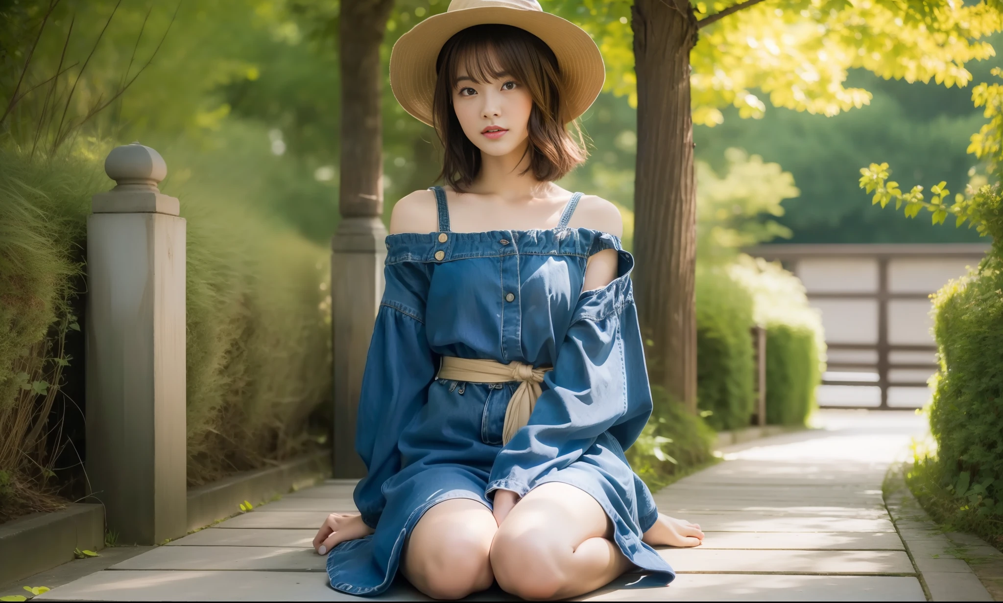 (Top Quality, 8k, 32k, Masterpiece, UHD: 1.2), Cute Japan Woman Photos, Semi-Bob Hair, ((Small)))), Full Body Shot, Double Eyelids, Highly Detailed Face and Skin Texture, Full Body, Brown Hair, Bare Top, Overexposed, Wearing Blue Clothes, Eyes Down, Right Shoulder Lowered, Sitting, Wearing a Hat,