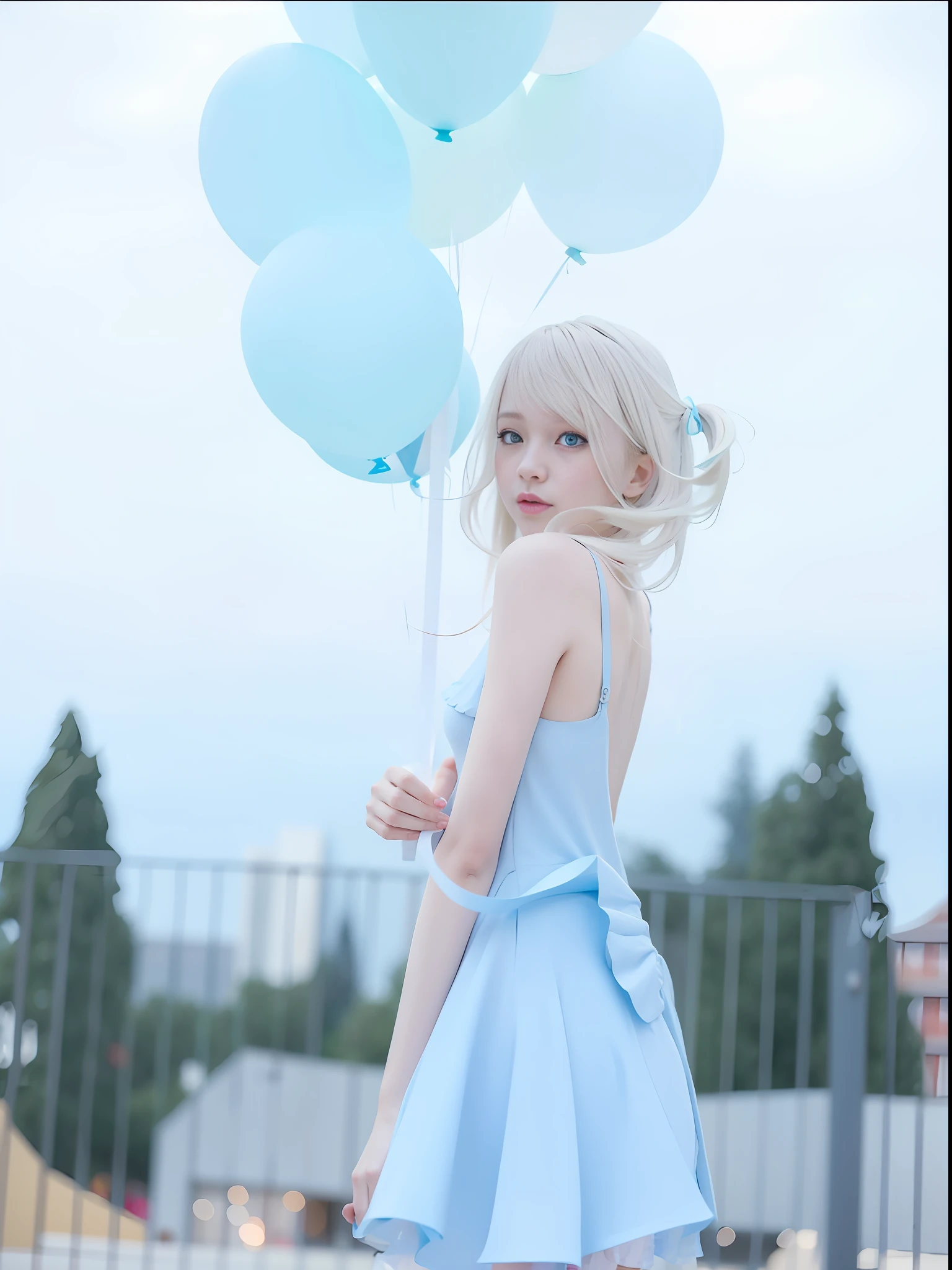 blond girl in blue dress holding blue balloons in front of a fence,  in dress, anime girl cosplay, belle delphine, pale blue, ulzzang, in blue dress, anime girl in real life, in a blue qipao, cosplay of a catboy! maid! dress, she has pale blue skin!!!, guweiz, pastel blue --auto --s2