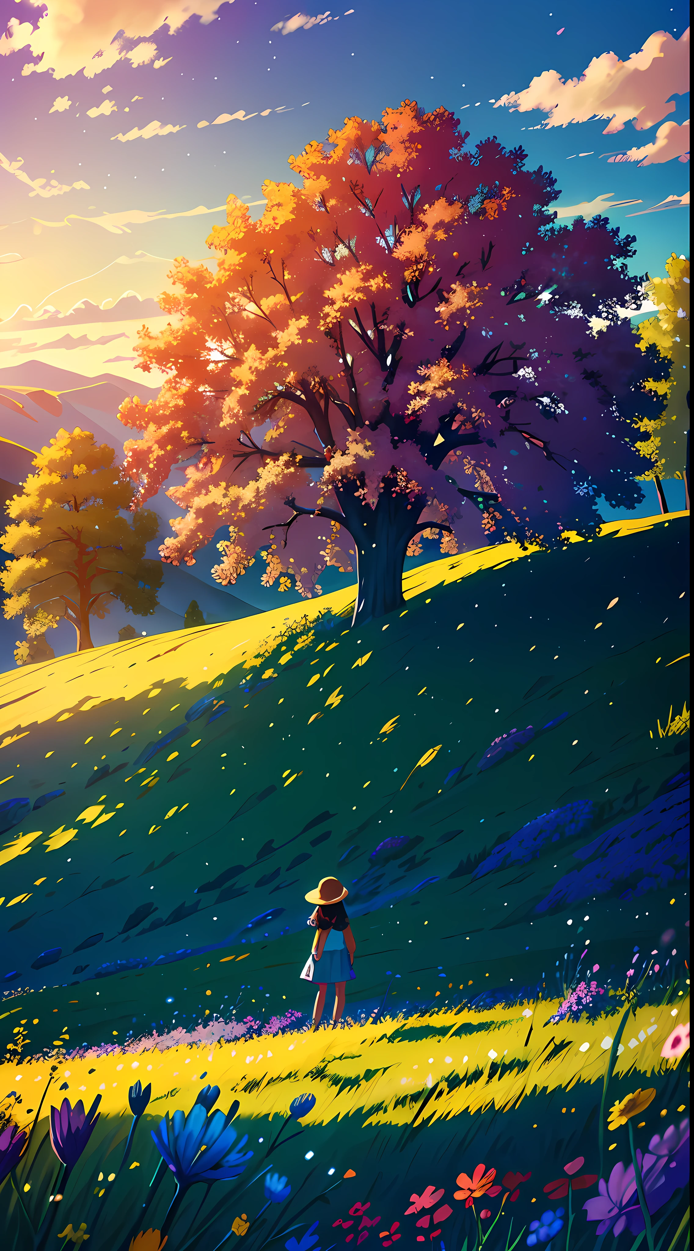 A wide-landscape photo, with the blue sky above and an open field below. In the field, a girl is standing, immersed in a sea of colorful flowers, looking up. The bright sun (1:2) is radiant in the sky, scattering its rays of golden light throughout the scene. In the background, distant mountains provide a majestic landscape. Leafy BREAK Crafting Art trees add soft shadows to the field. The warm light (1.2) from the sun creates a play of vibrant colors, with shades of purple and orange spreading throughout the environment. Intricate details and volumetric lighting BREAK (Masterpiece: 1.2) highlight the stunning beauty of the scene. The image quality is 4K, ultra detailed, capturing each element perfectly. The dynamic composition (1.4) gives movement and fluidity to the image, while vivid colors and a rainbow (1.2) add a magical touch. The bright atmosphere and atmospheric lighting create a sense of dreaminess and enchantment. The soil (1.2) is rich in detail and color, complementing the natural beauty of the landscape
